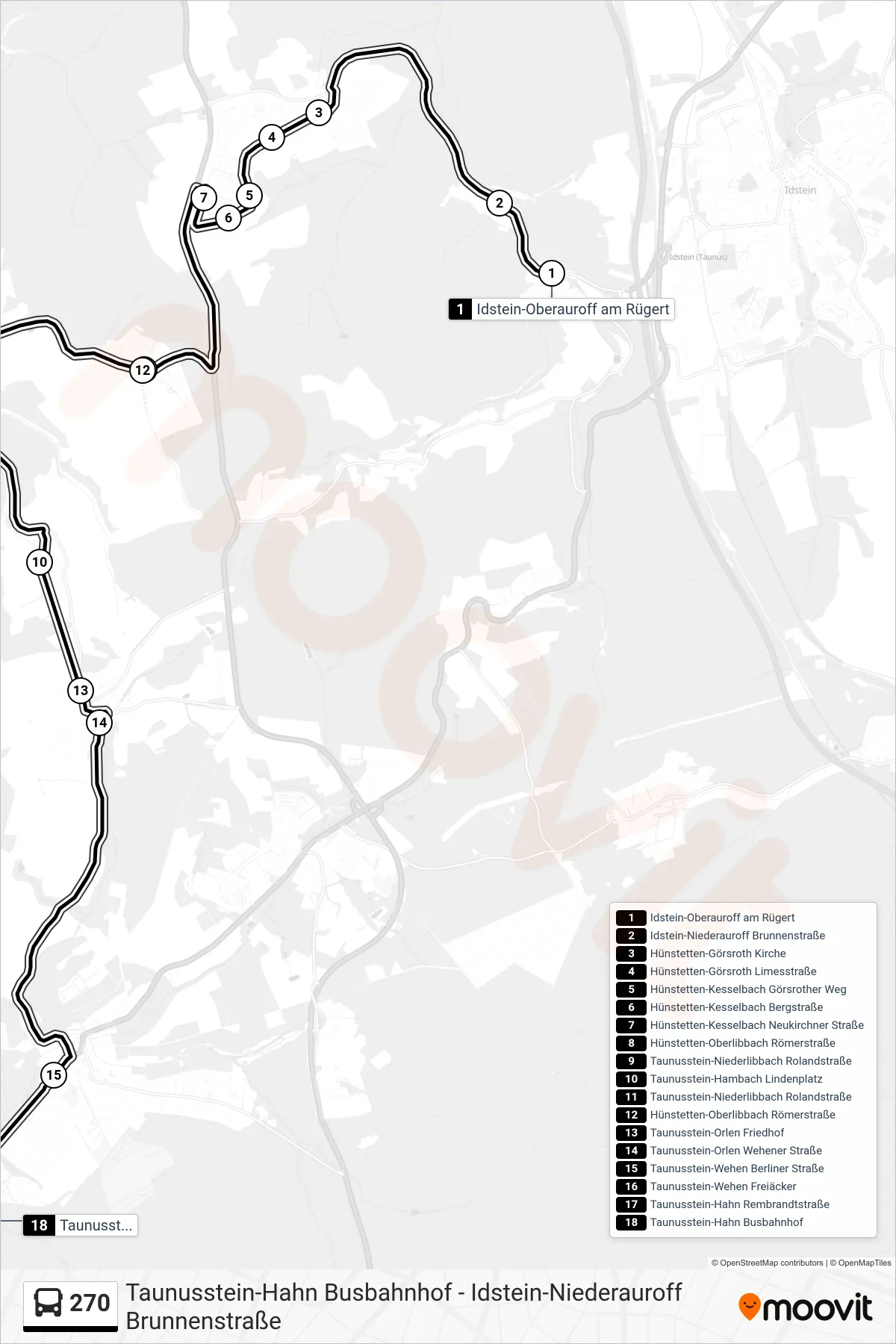 270 bus Line (Taunusstein-Hahn Busbahnhof) route and stops on a map