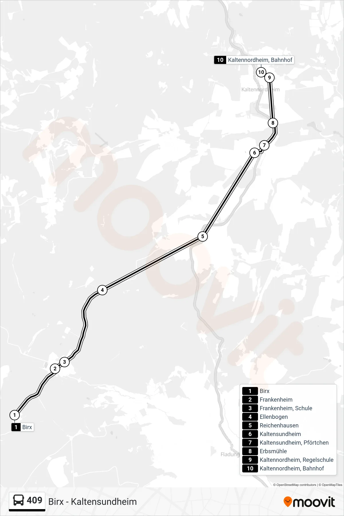 409 bus Line (Kaltennordheim, Bahnhof) route and stops on a map
