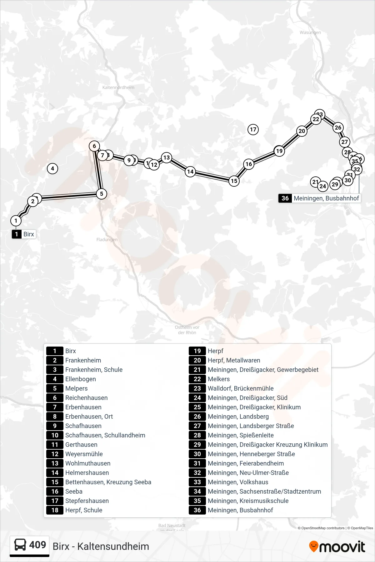 409 bus Line (Meiningen, Busbahnhof) route and stops on a map