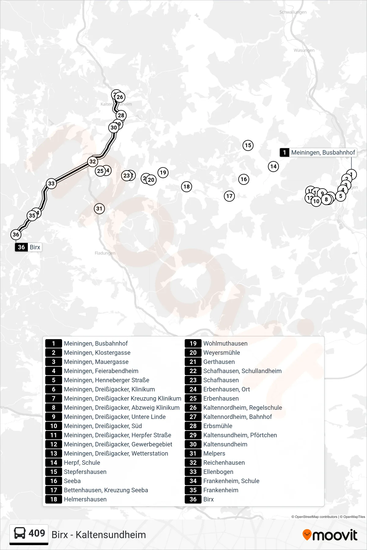 409 bus Line (Birx) route and stops on a map