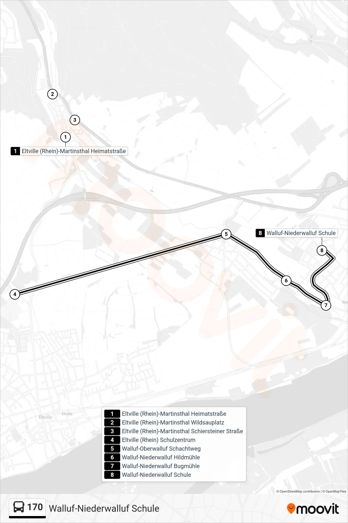 170 bus Line (Walluf-Niederwalluf Schule) route and stops on a map