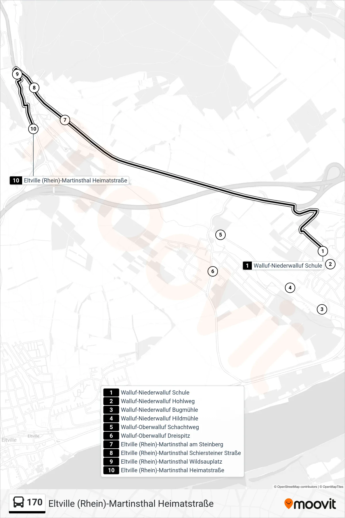 Linie 170 (Bus) Richtung Eltville (Rhein)-Martinsthal Heimatstraße: Route und Haltestellen auf der Karte