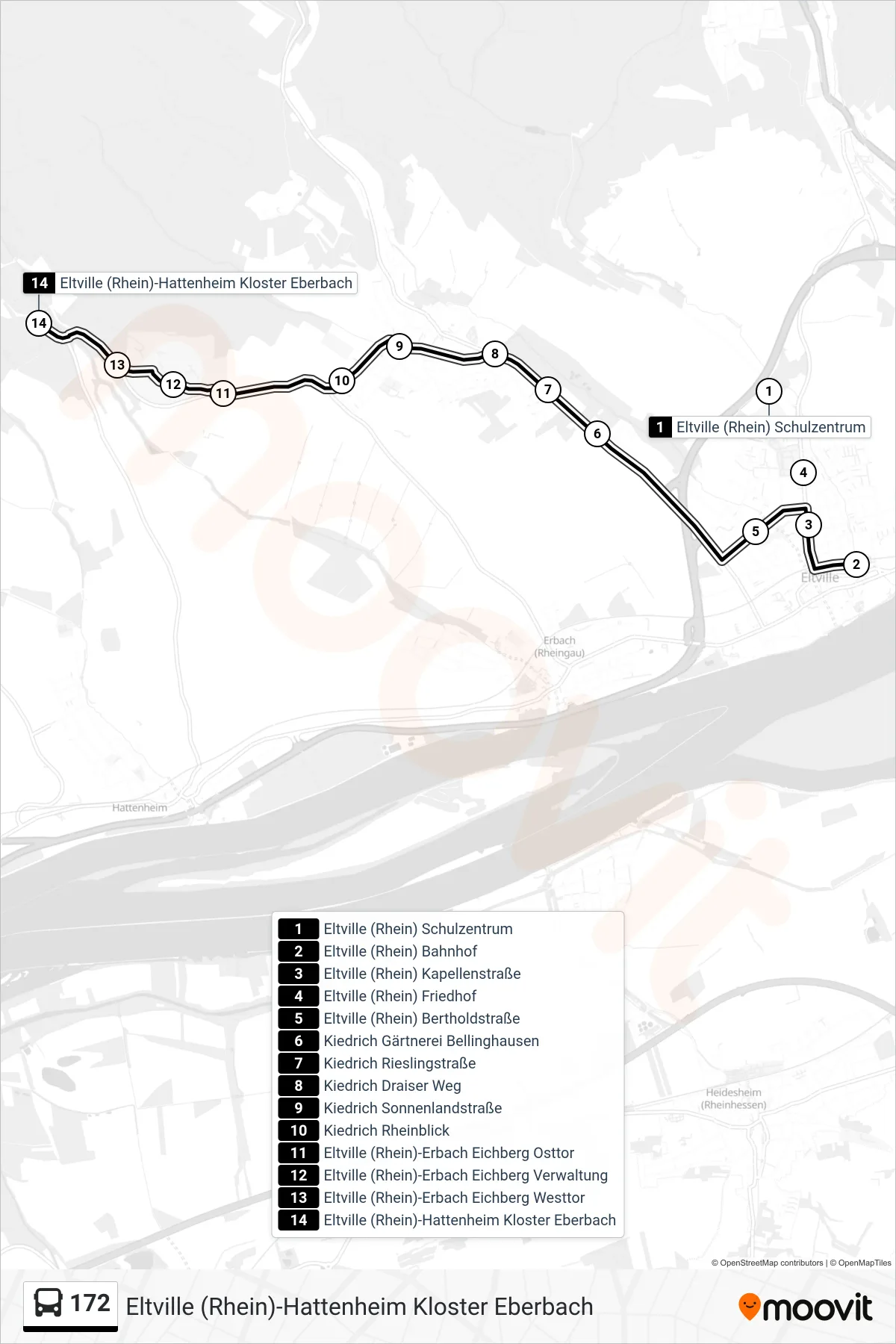 172 bus Line (Eltville (Rhein)-Hattenheim Kloster Eberbach) route and stops on a map