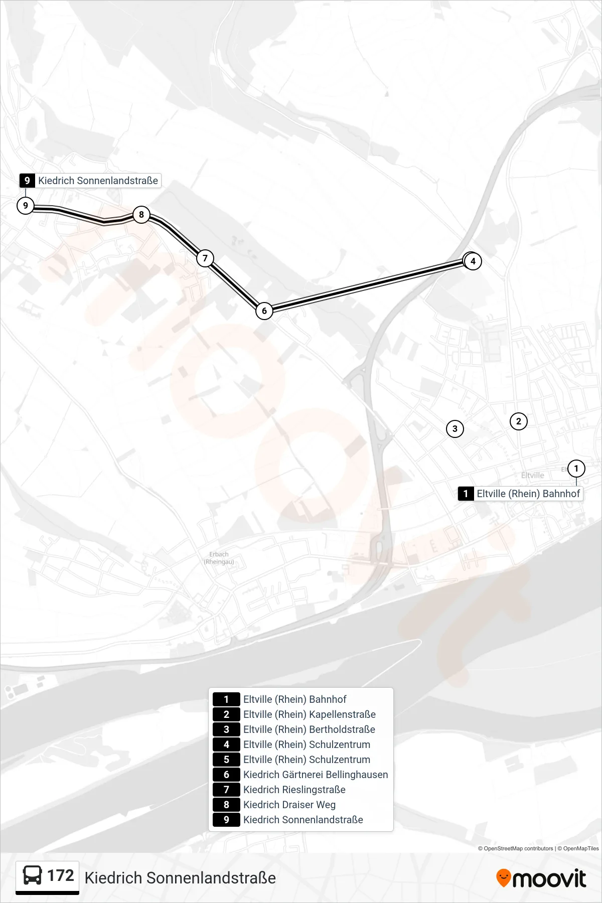 172 bus Line (Kiedrich Sonnenlandstraße) route and stops on a map