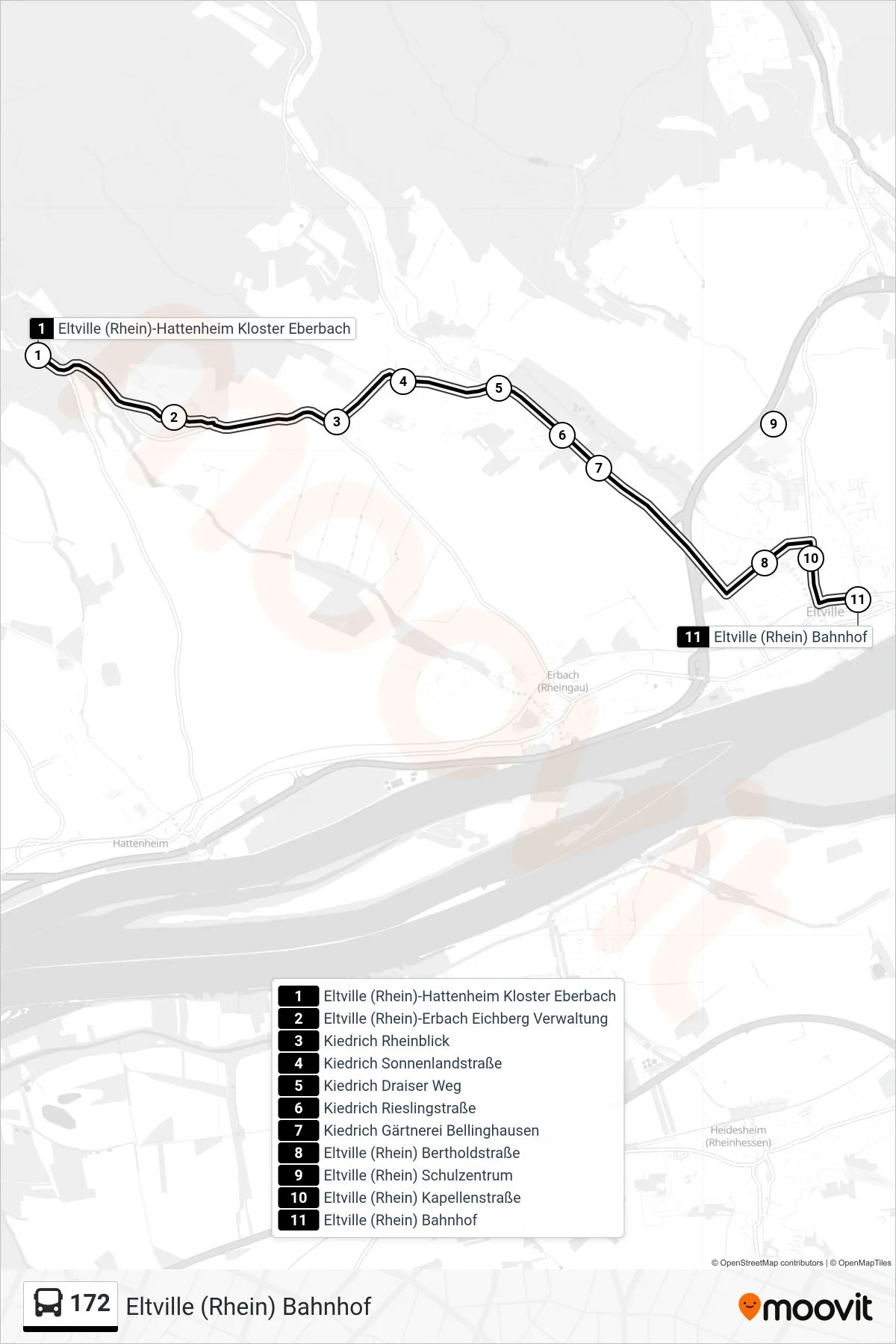 172 bus Line (Eltville (Rhein) Bahnhof) route and stops on a map