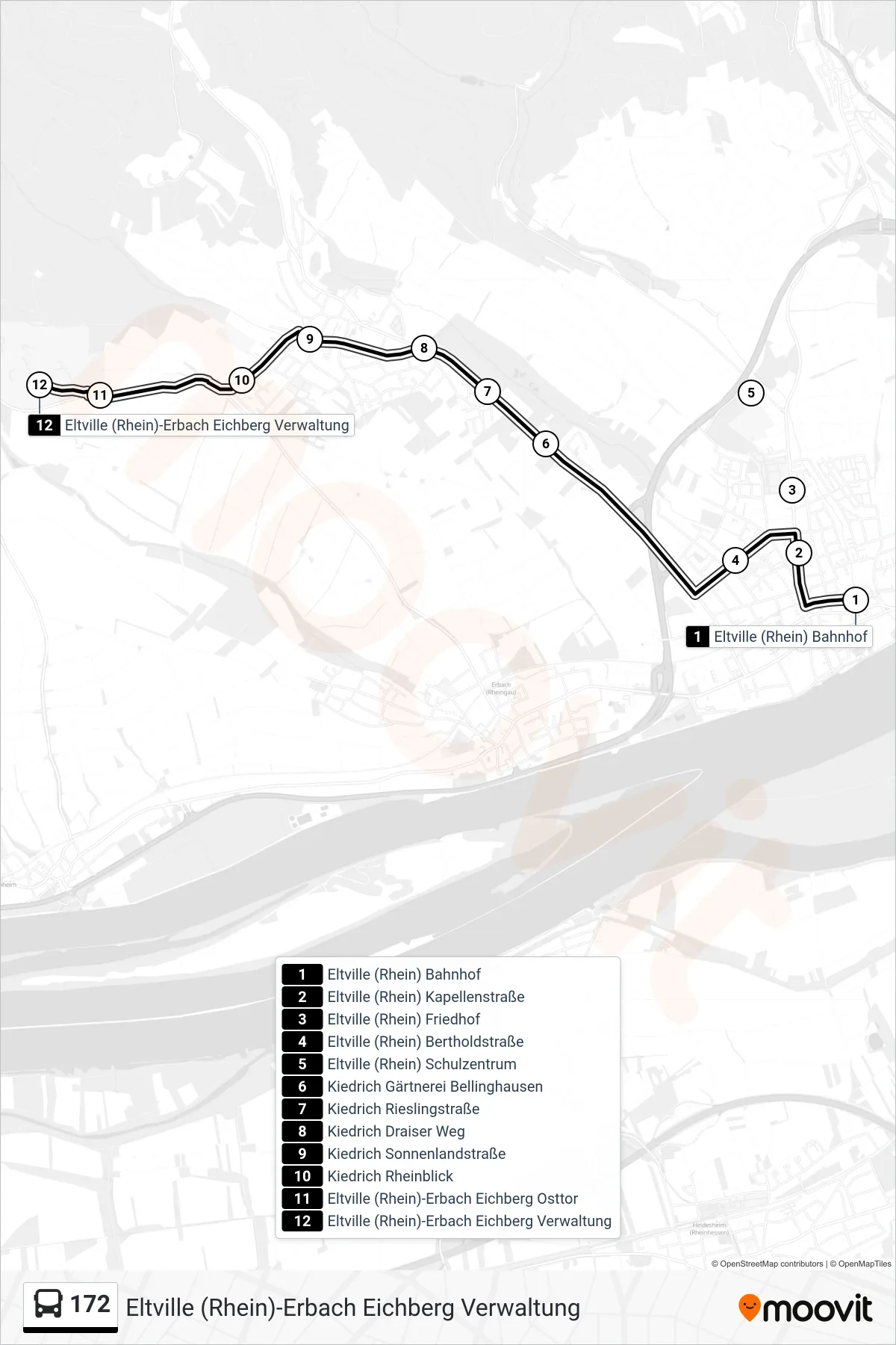 Linie 172 (Bus) Richtung Eltville (Rhein)-Erbach Eichberg Verwaltung: Route und Haltestellen auf der Karte
