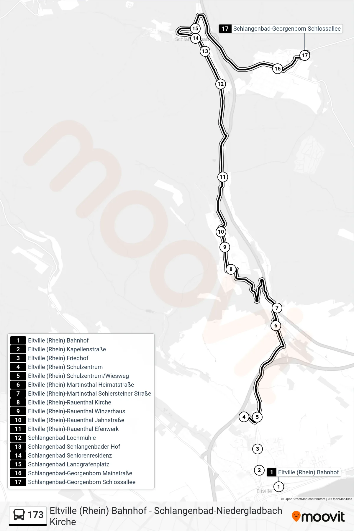 173 bus Line (Schlangenbad-Georgenborn Schlossallee) route and stops on a map