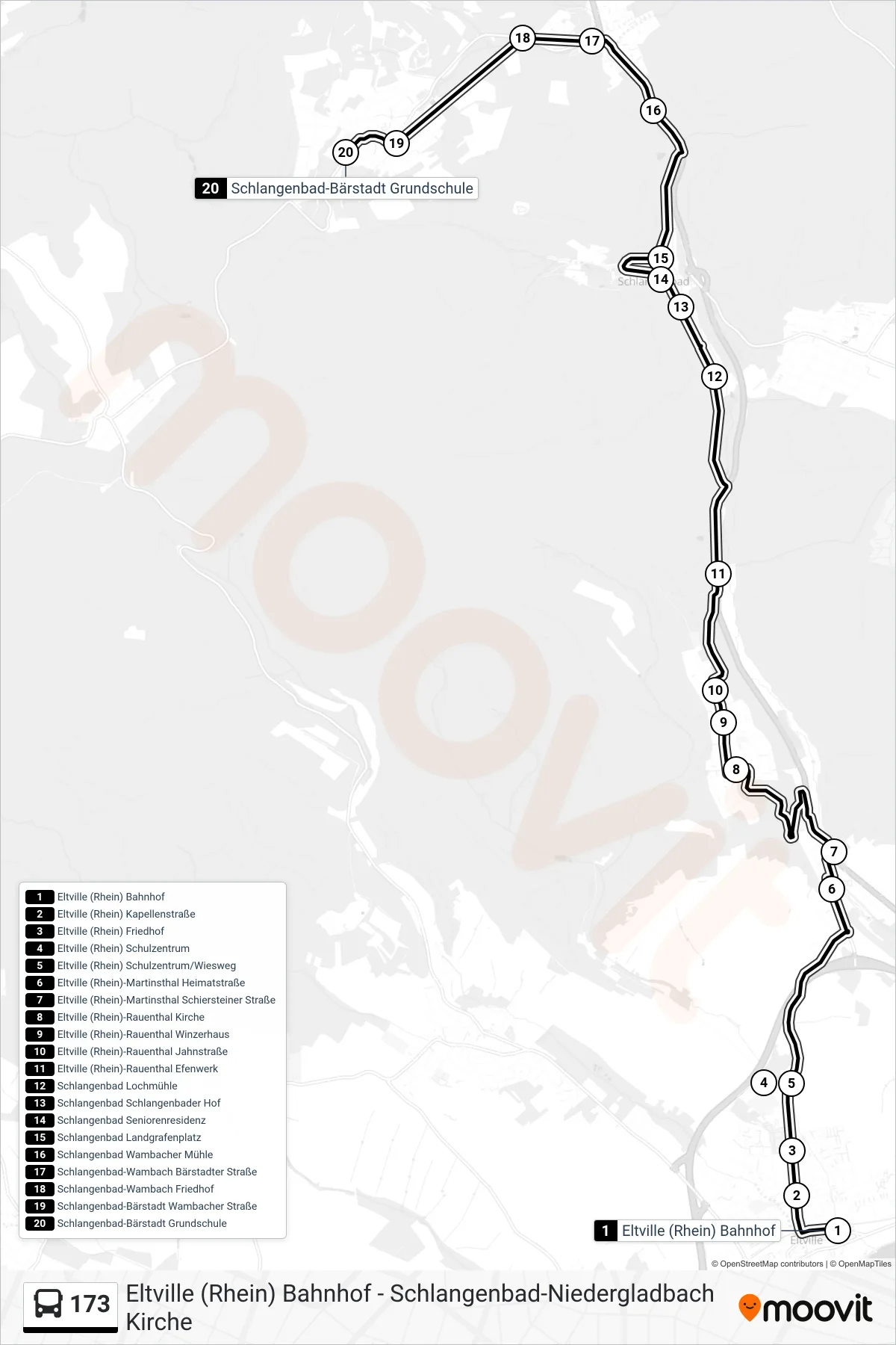 173 bus Line (Schlangenbad-Bärstadt Grundschule) route and stops on a map