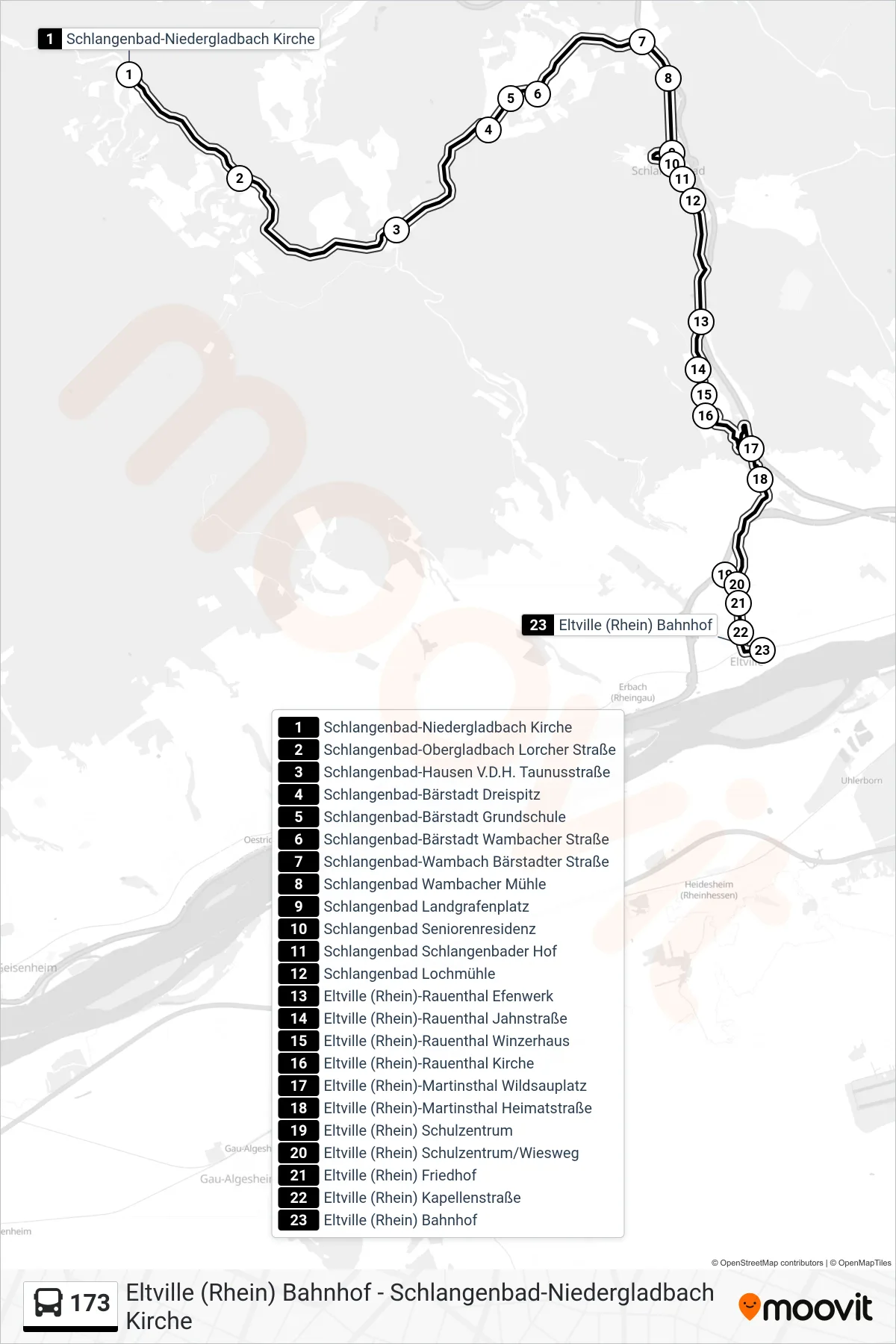 173 bus Line (Eltville (Rhein) Bahnhof) route and stops on a map
