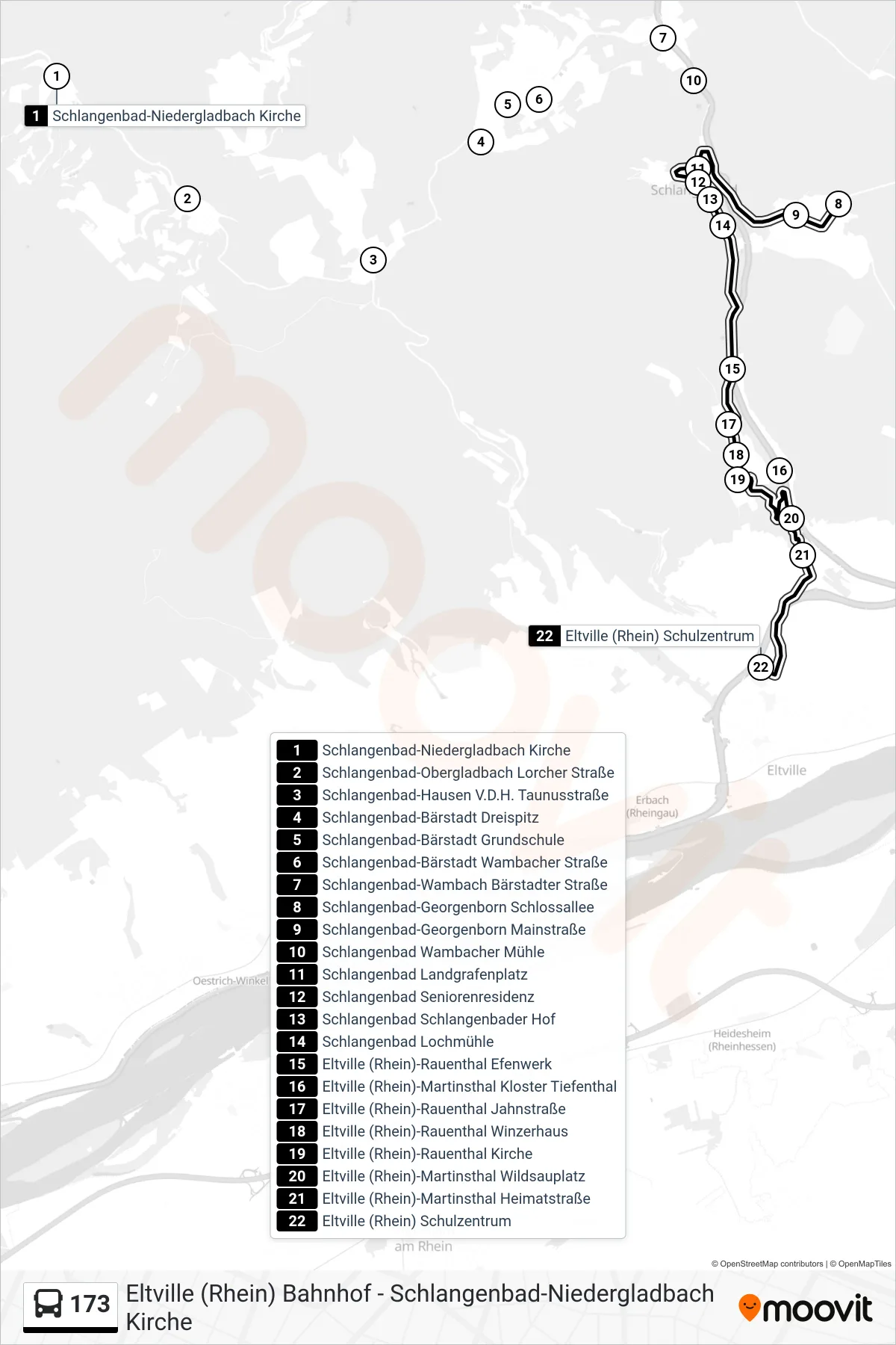 173 bus Line (Eltville (Rhein) Schulzentrum) route and stops on a map