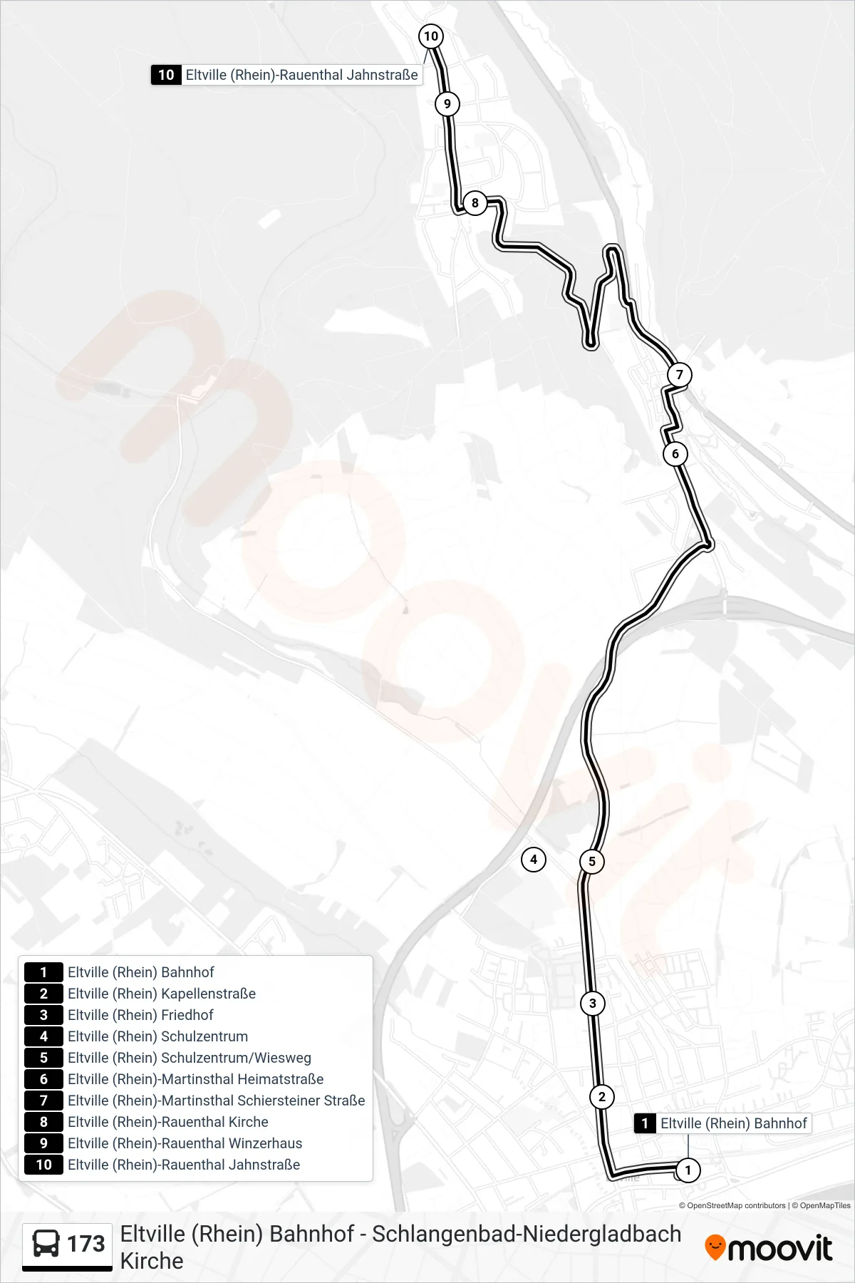 173 bus Line (Eltville (Rhein)-Rauenthal Jahnstraße) route and stops on a map