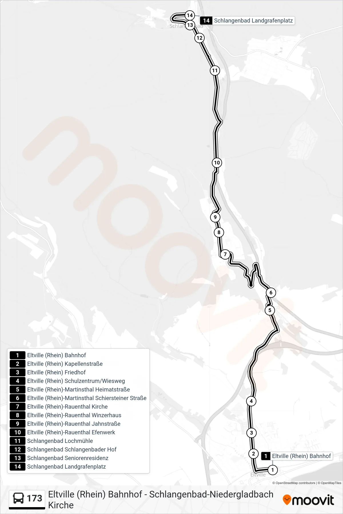 173 bus Line (Schlangenbad Landgrafenplatz) route and stops on a map