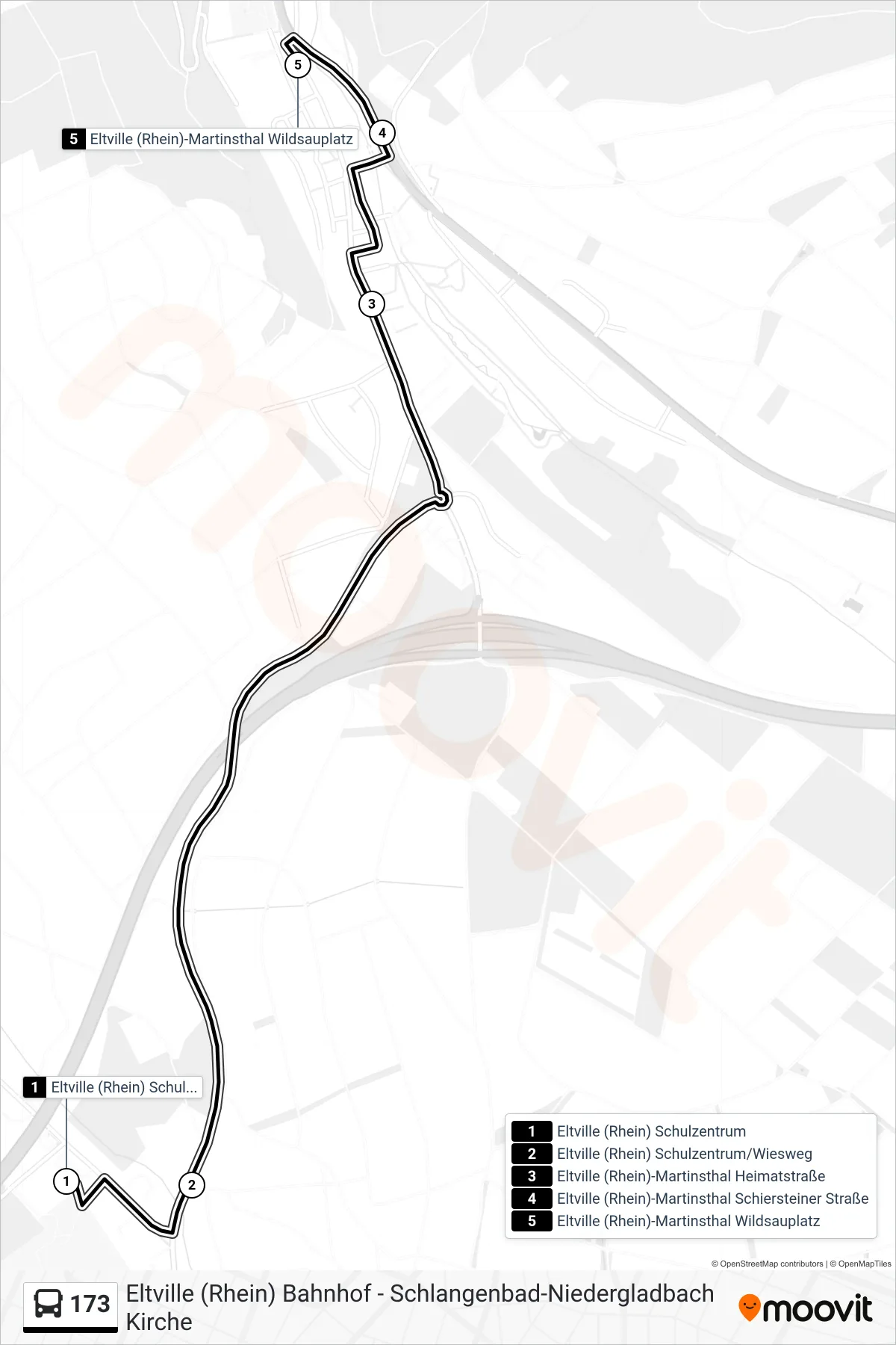 173 bus Line (Eltville (Rhein)-Martinsthal Wildsauplatz) route and stops on a map