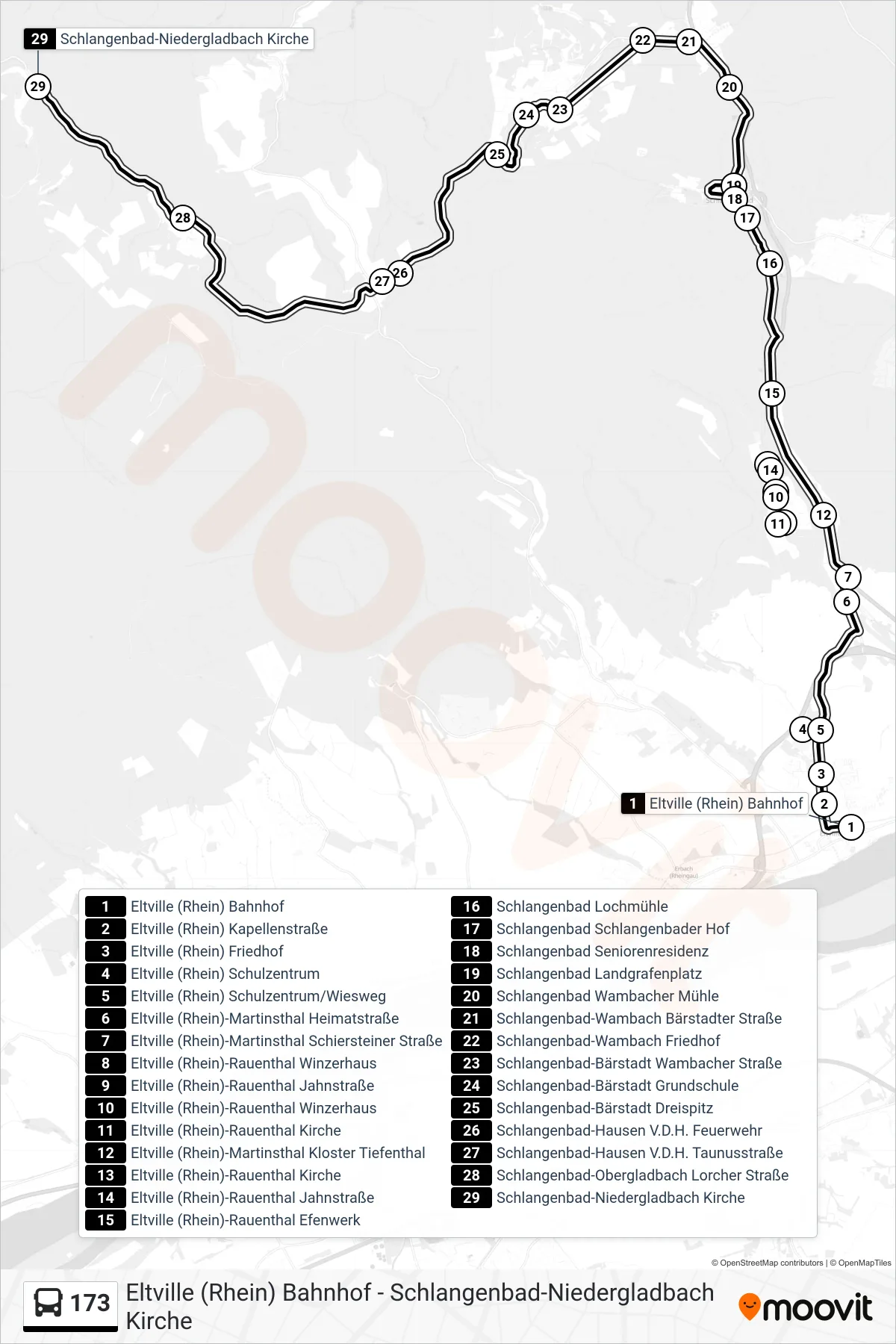 173 bus Line (Schlangenbad-Niedergladbach Kirche) route and stops on a map