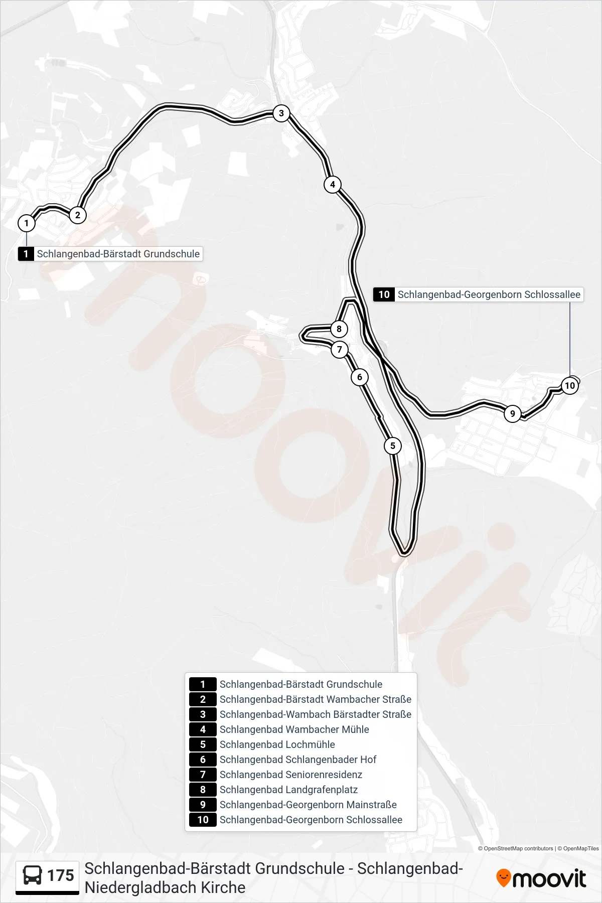 175 bus Line (Schlangenbad-Georgenborn Schlossallee) route and stops on a map