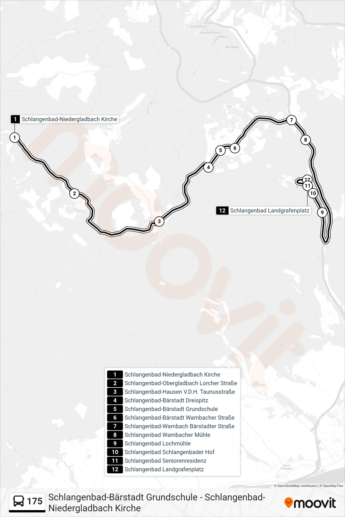 175 bus Line (Schlangenbad Landgrafenplatz) route and stops on a map