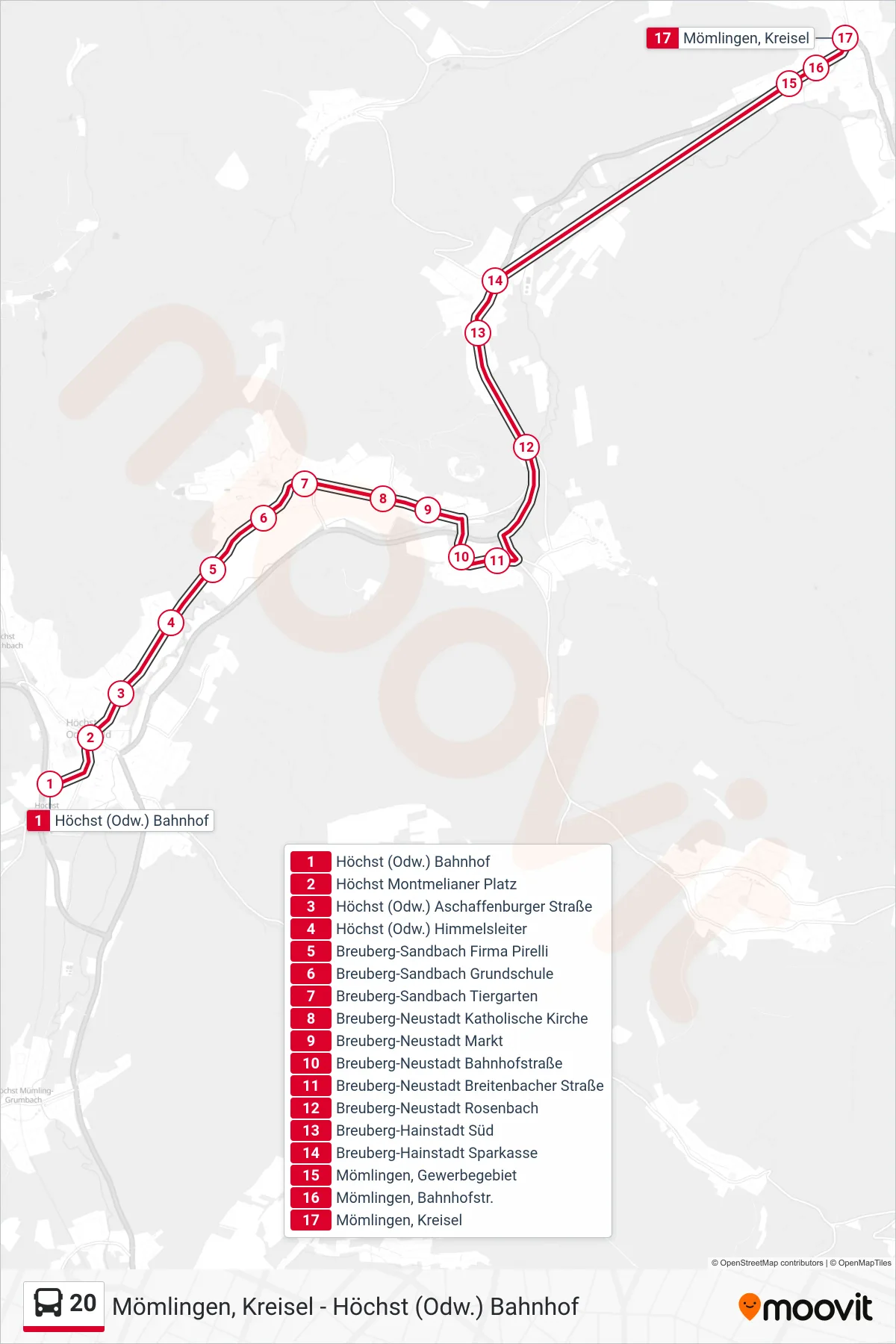 Linie 20 (Bus) Richtung Mömlingen: Route und Haltestellen auf der Karte