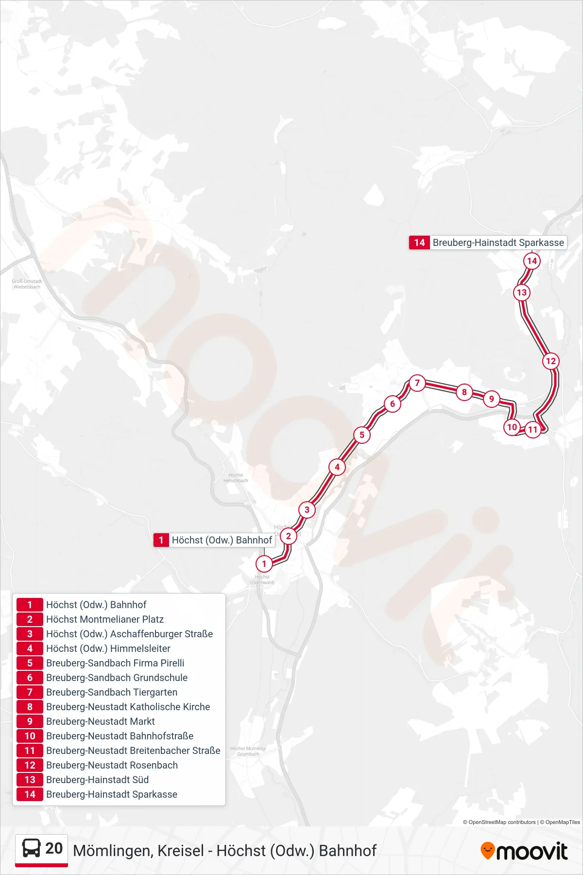 20 bus Line (Hainstadt) route and stops on a map