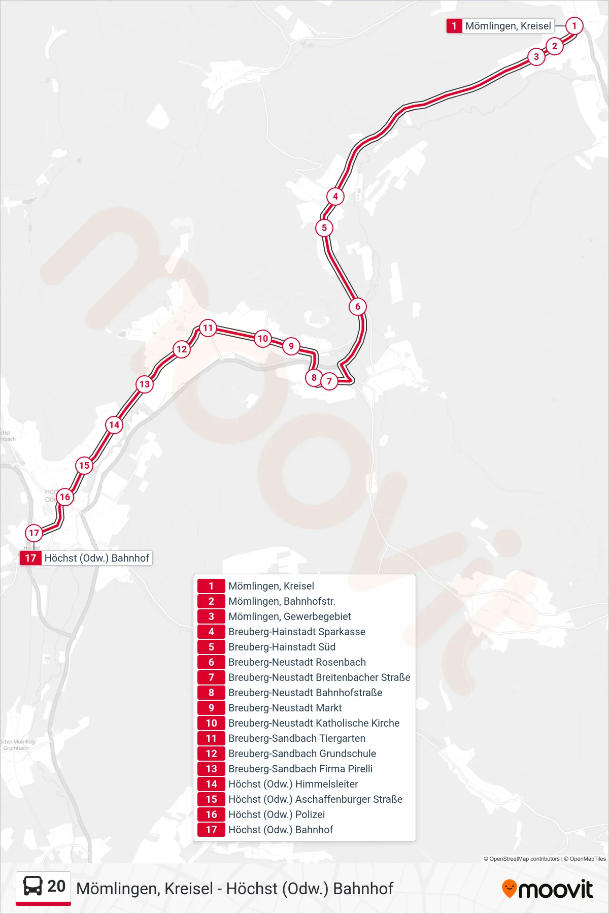 20 bus Line (Höchst Bfh) route and stops on a map