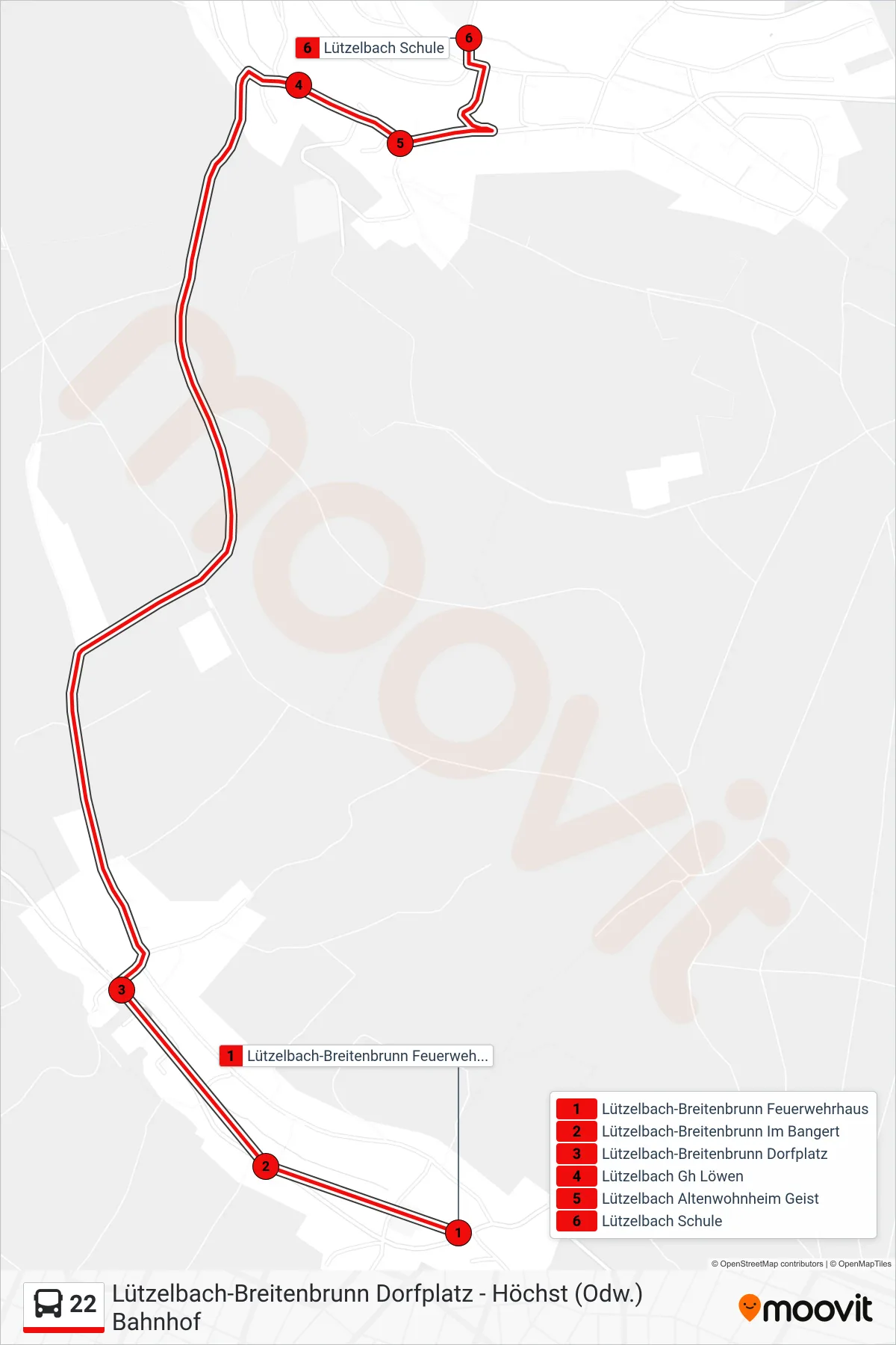 22 bus Line (Lützelbach Schule) route and stops on a map