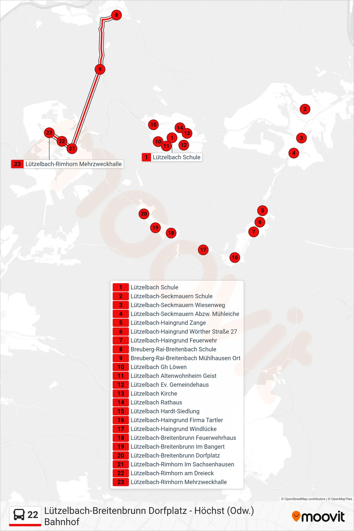 22 bus Line (Rimhorn) route and stops on a map