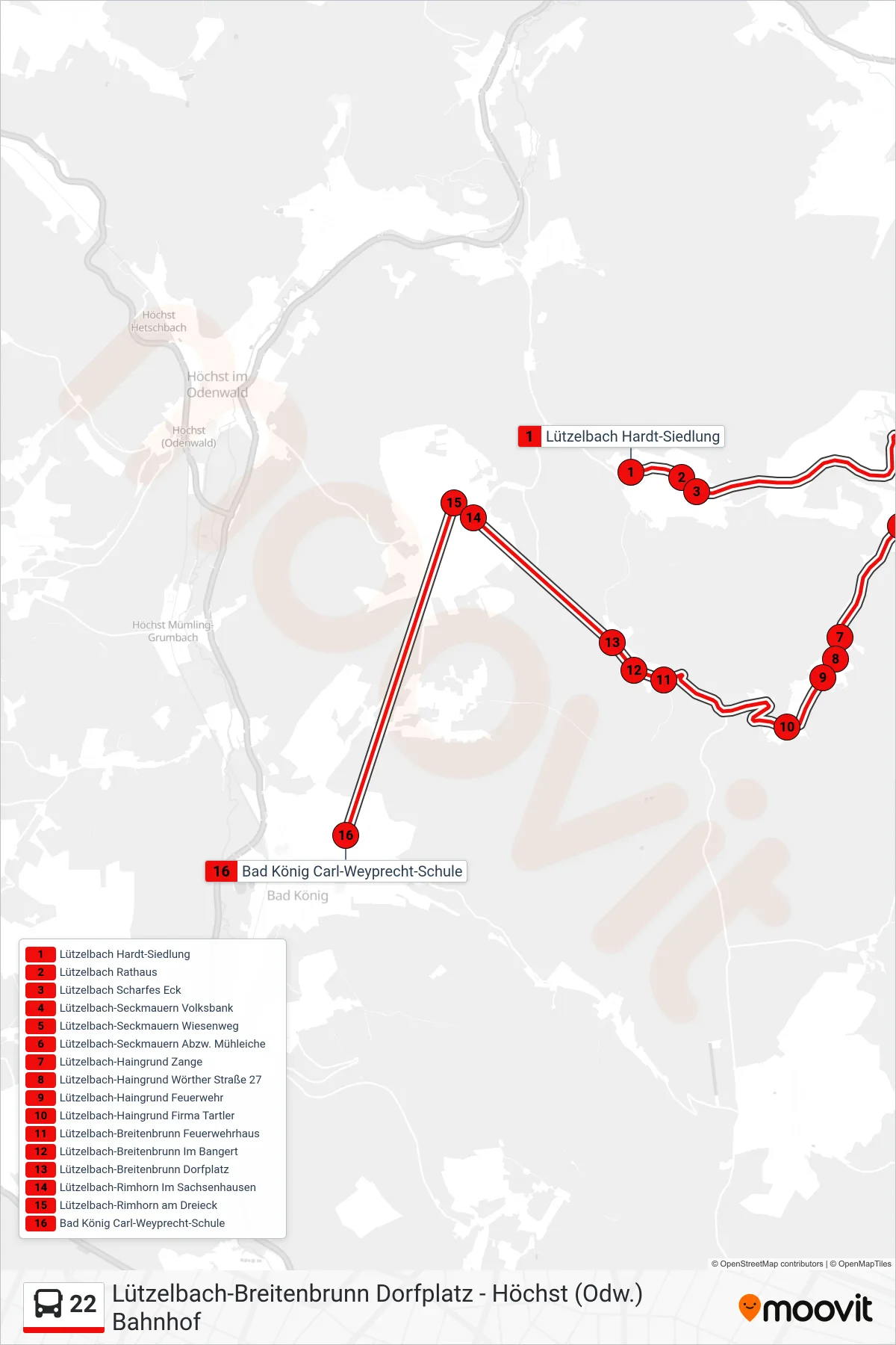 22 bus Line (Bad König Cws) route and stops on a map