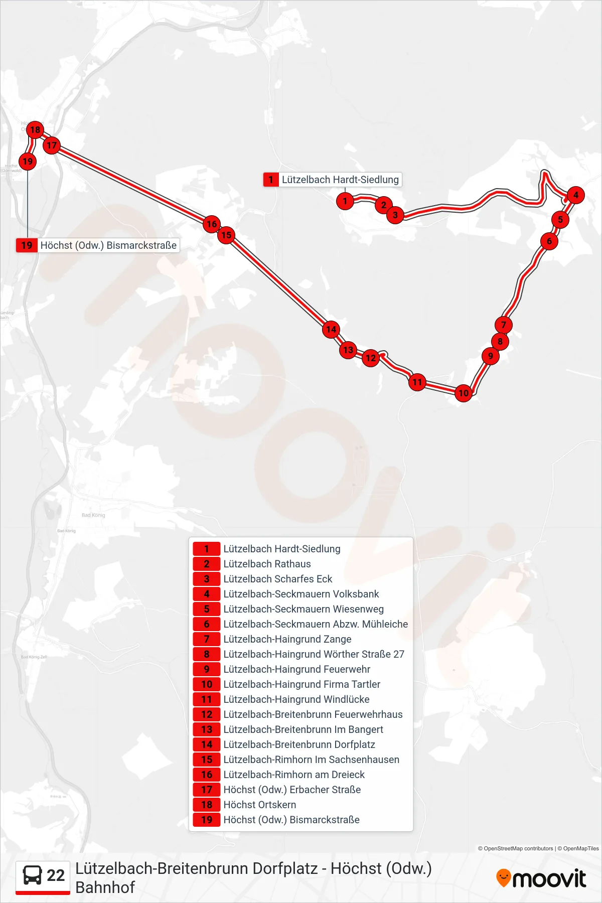22 bus Line (Höchst Egs) route and stops on a map