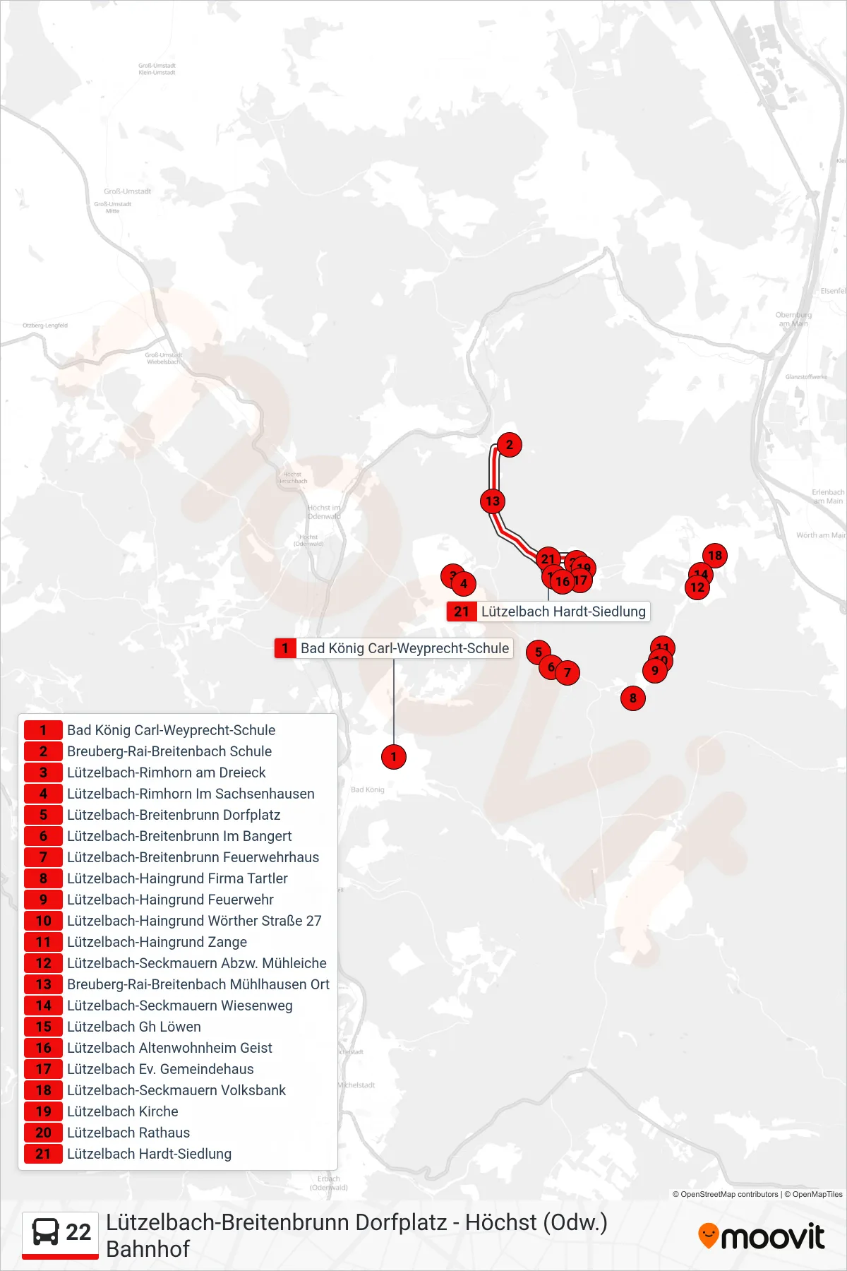 22 bus Line (Lützelbach) route and stops on a map