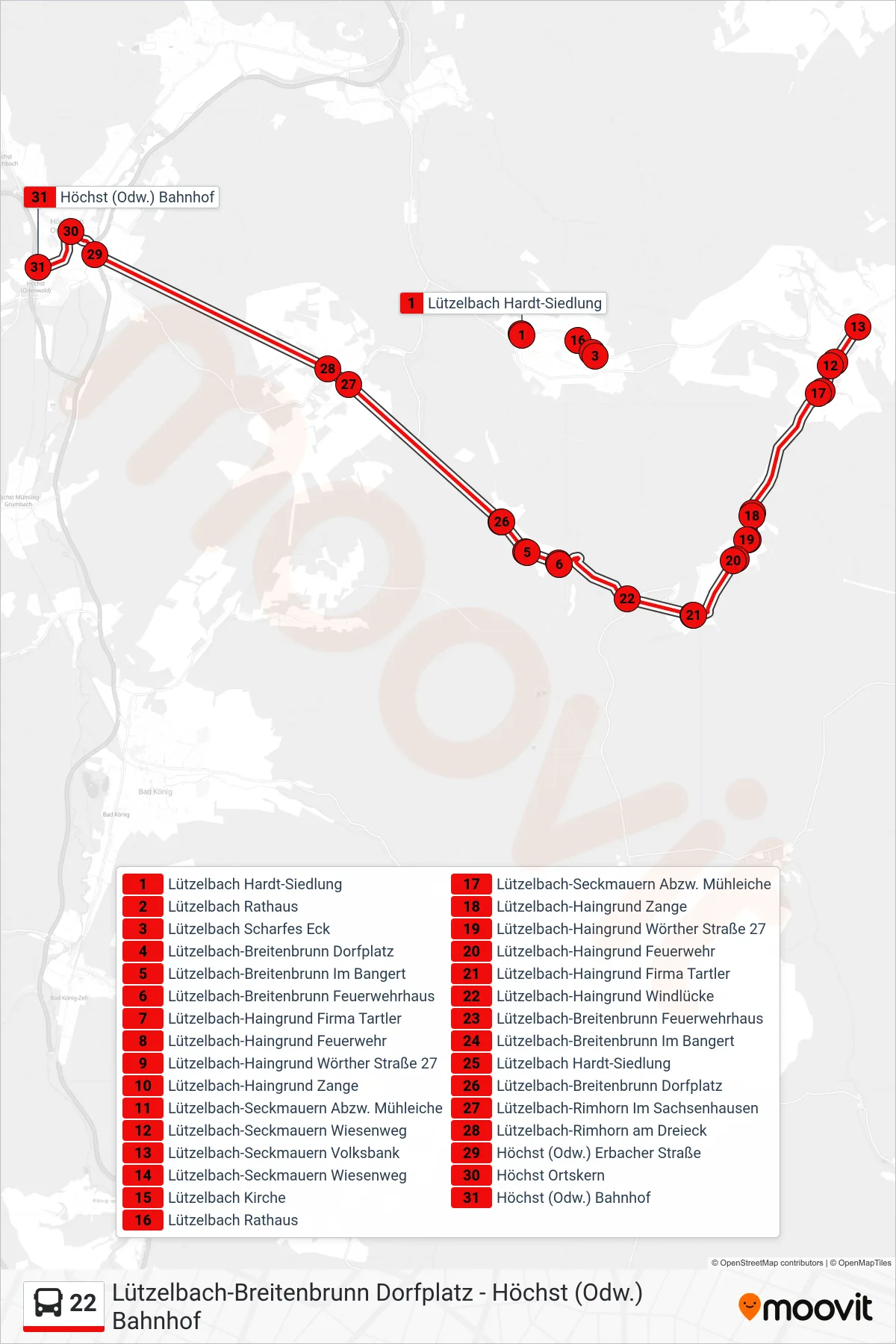 22 bus Line (Höchst Bhf) route and stops on a map
