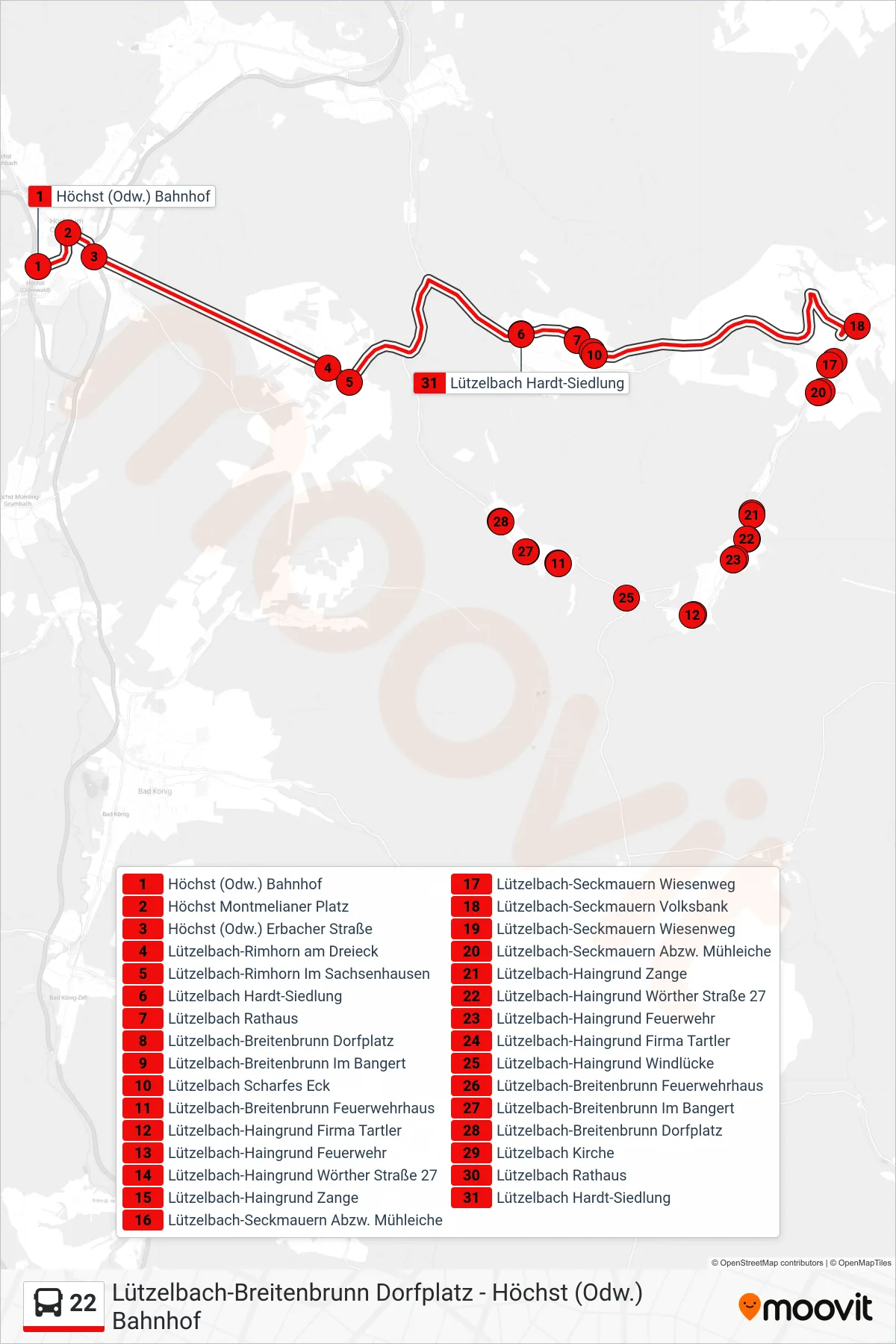 22 bus Line (Seckmauern) route and stops on a map