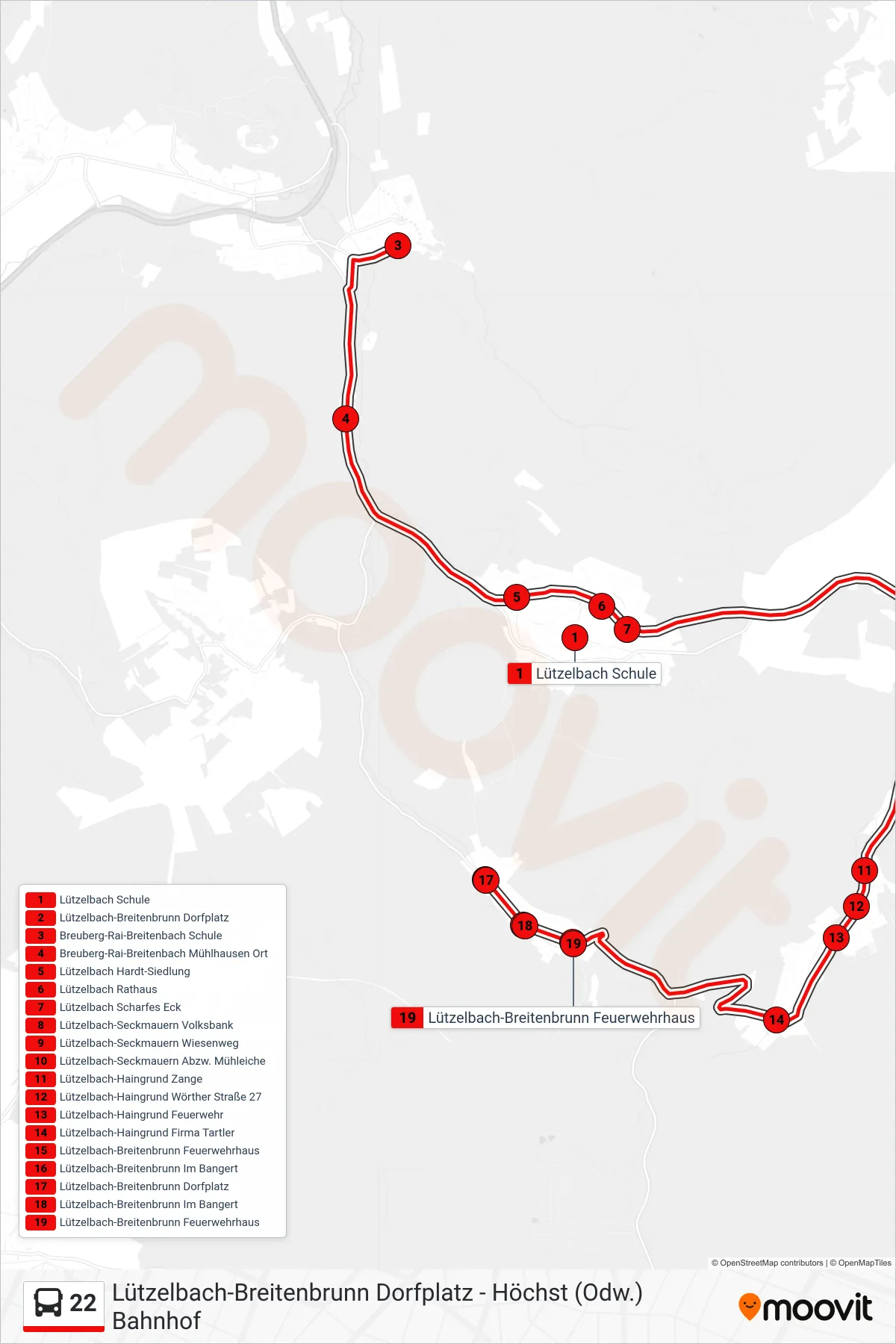22 bus Line (Breitenbrunn) route and stops on a map