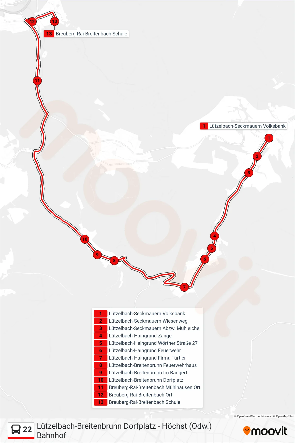 22 bus Line (Rai-Breitenbach) route and stops on a map