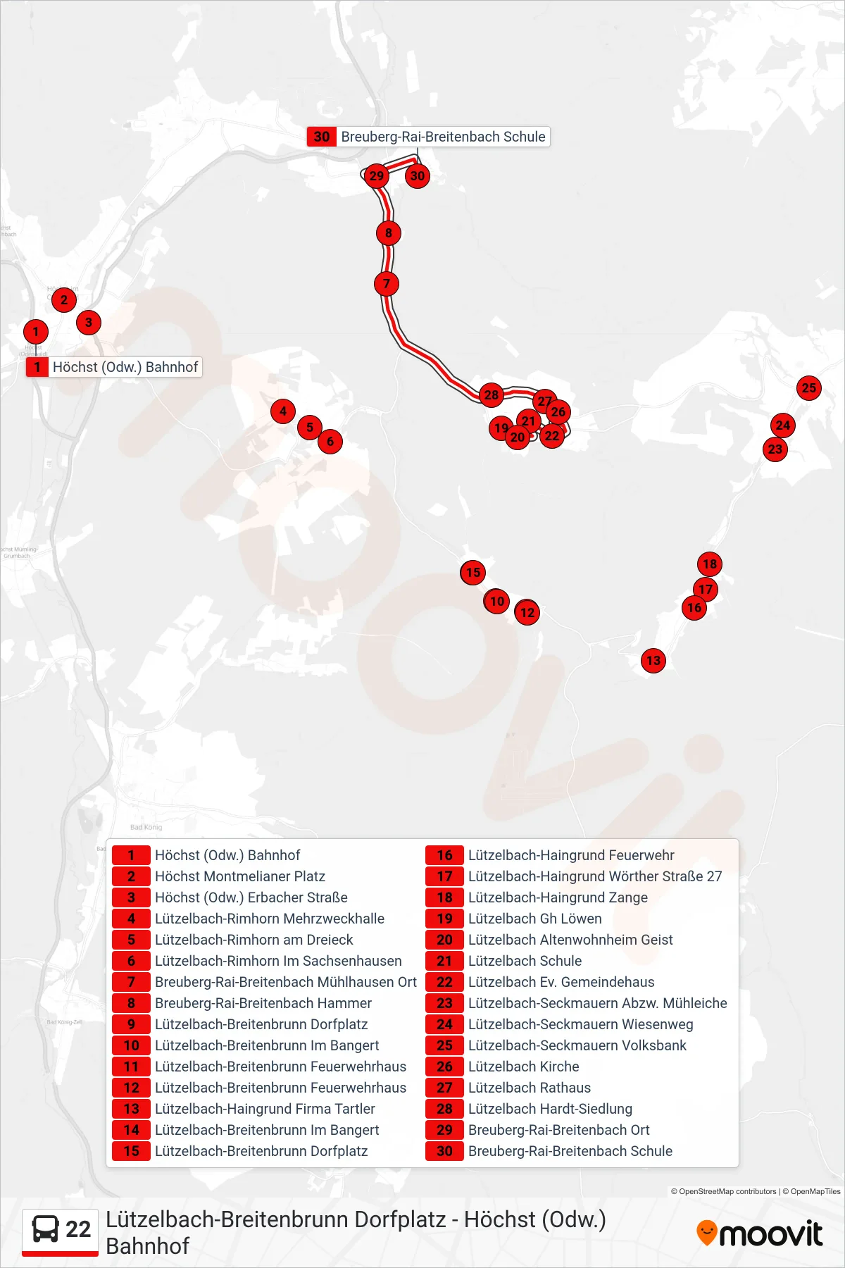 22 bus Line (Rai-Breitenbach) route and stops on a map