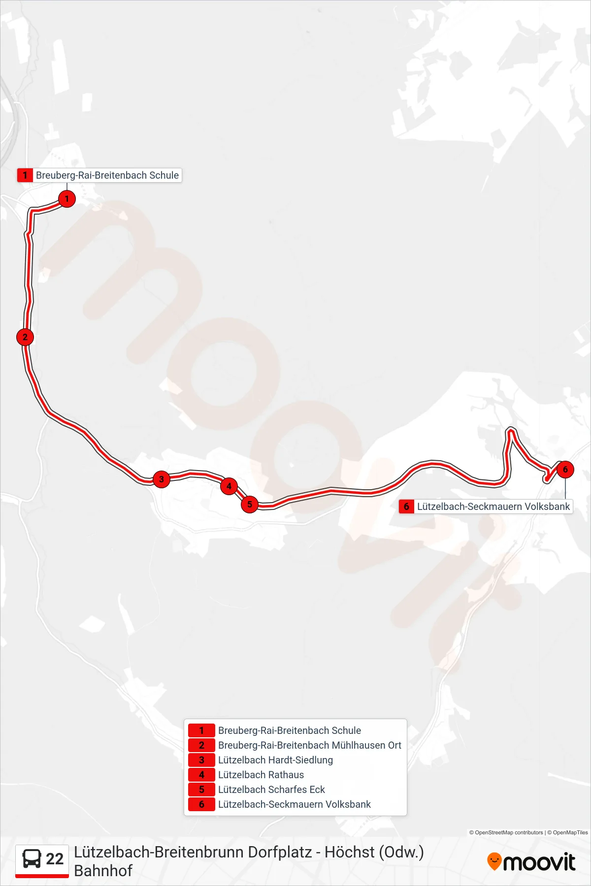 22 bus Line (Seckmauern) route and stops on a map