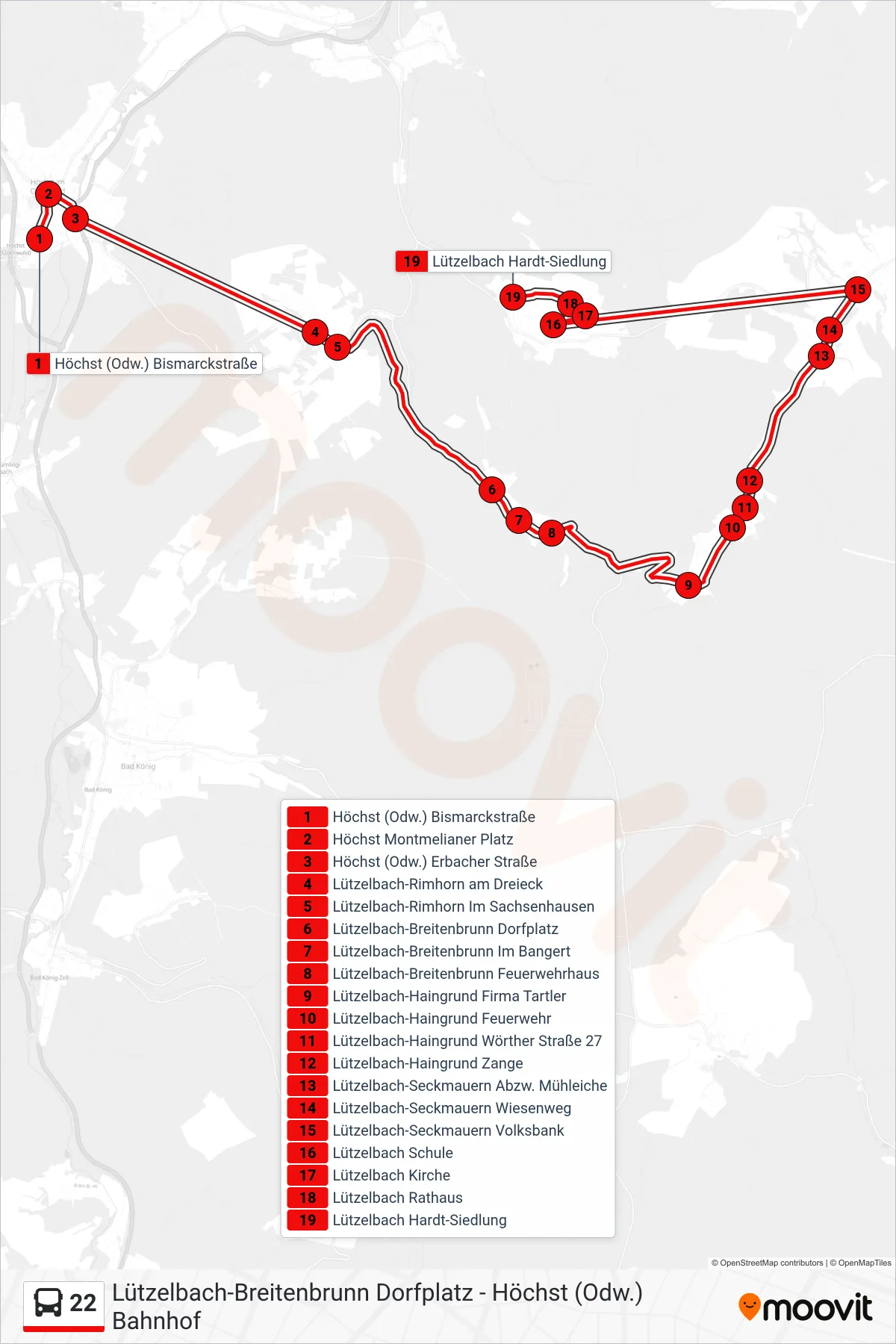 22 bus Line (Lützelbach) route and stops on a map