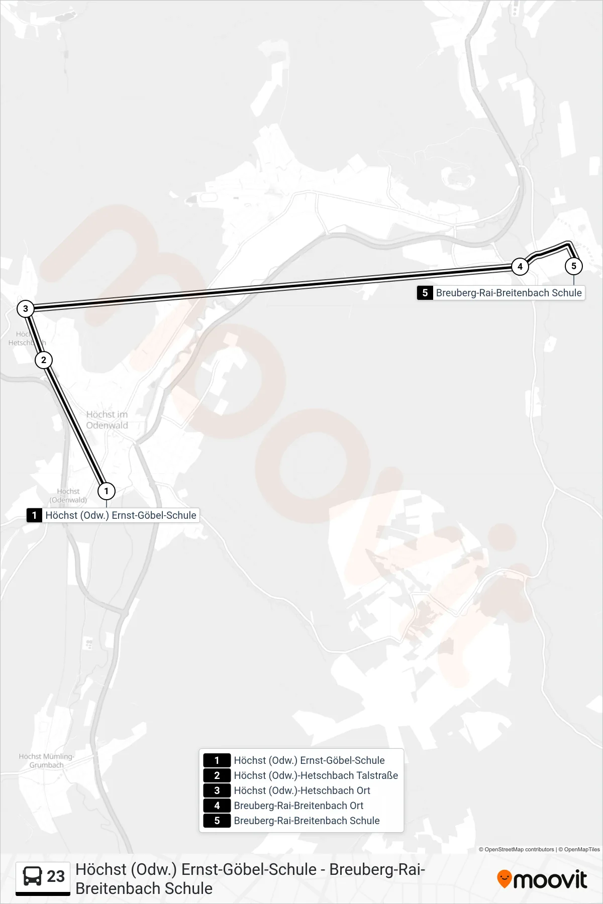 23 bus Line (Rai-Breitenbach) route and stops on a map