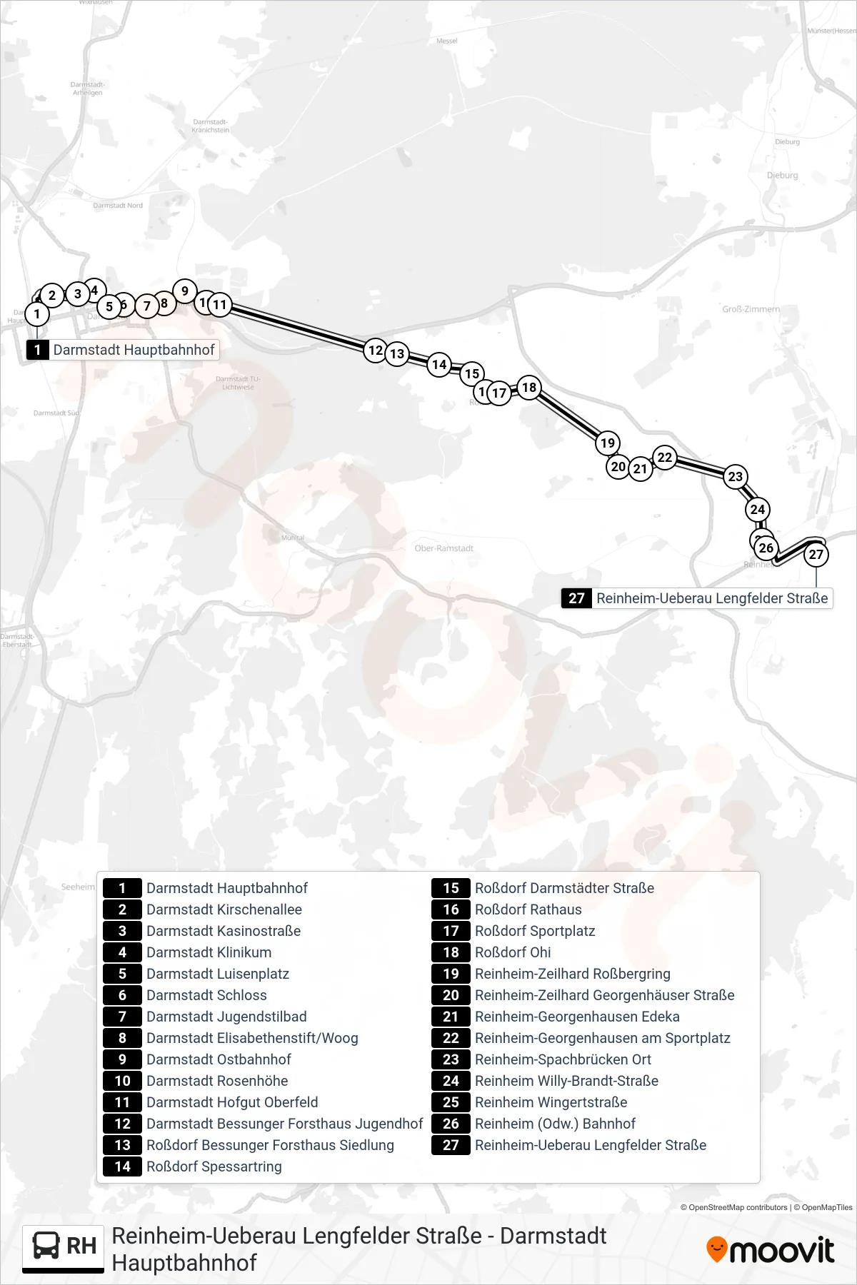 RH bus Line (Reinheim-Ueberau Lengfelder Straße) route and stops on a map