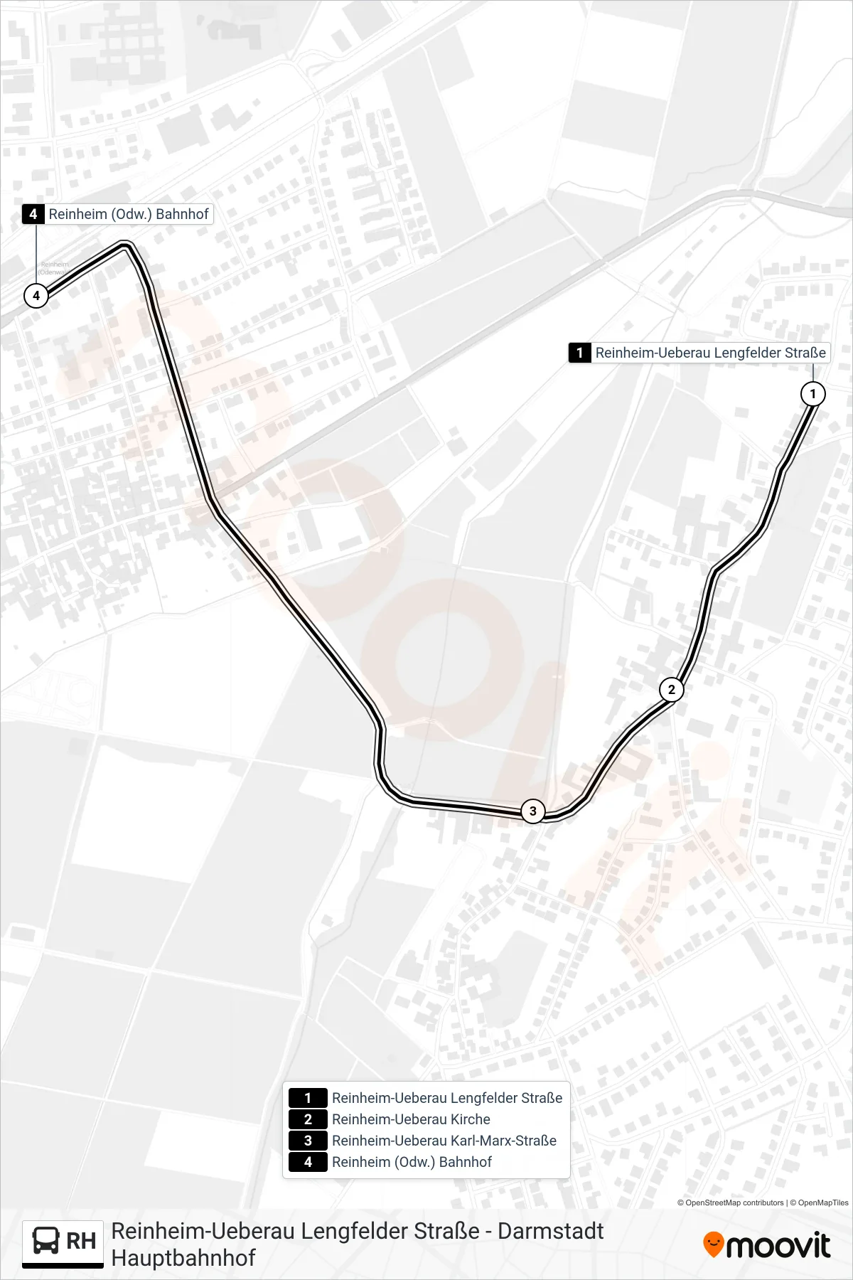 RH bus Line (Reinheim (Odw.) Bahnhof) route and stops on a map