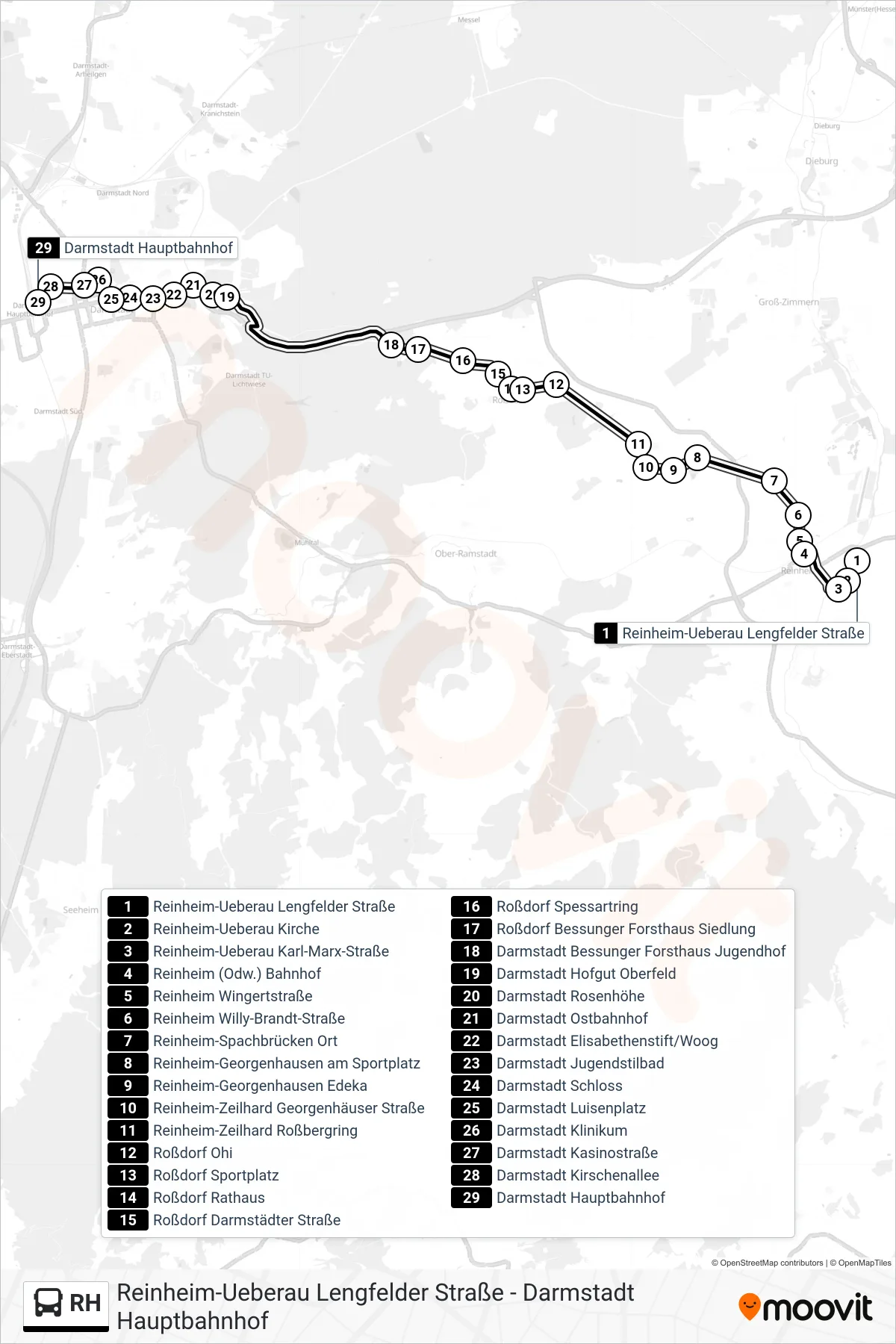 RH bus Line (Darmstadt Hauptbahnhof) route and stops on a map
