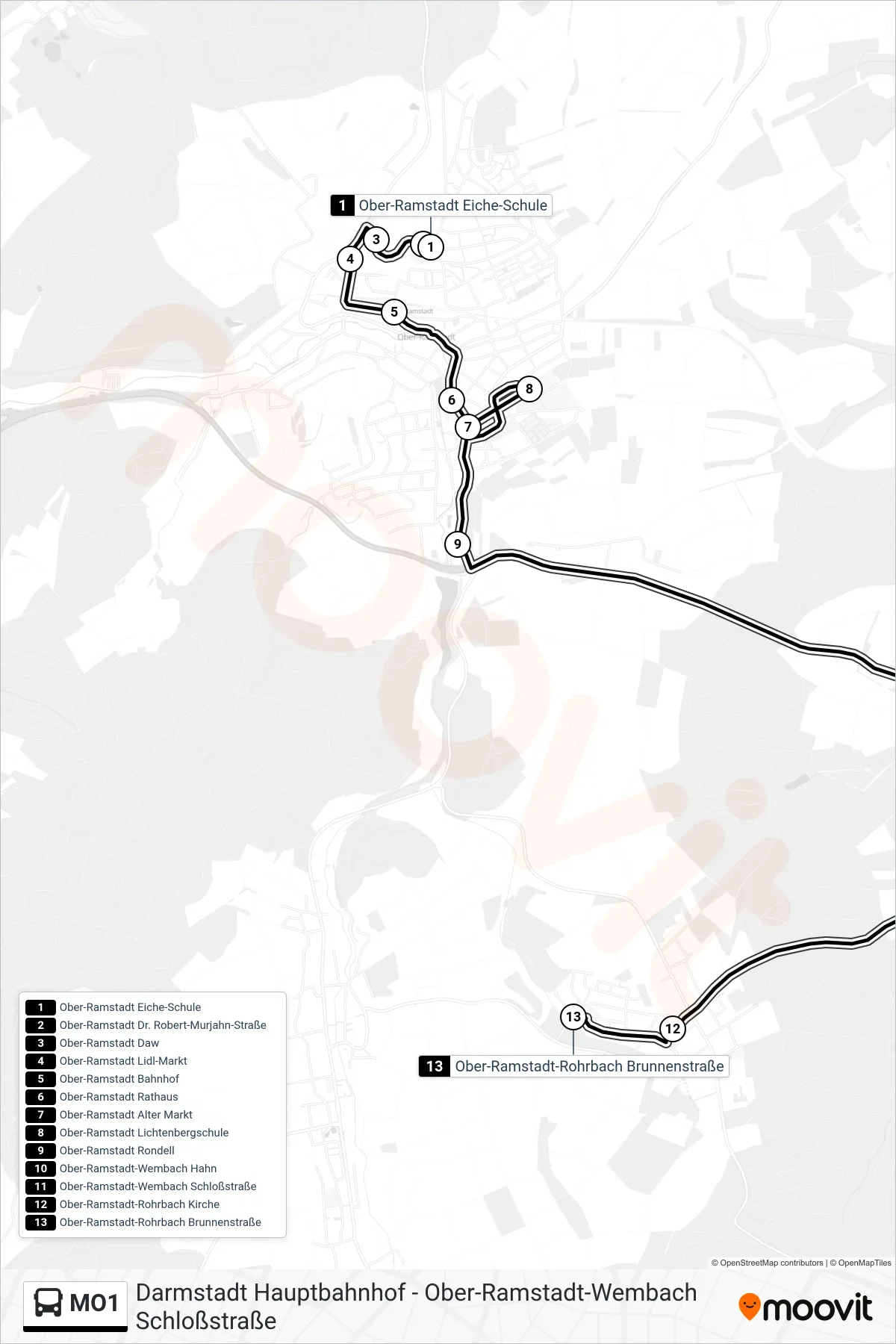 MO1 bus Line (Ober-Ramstadt-Rohrbach Brunnenstraße) route and stops on a map