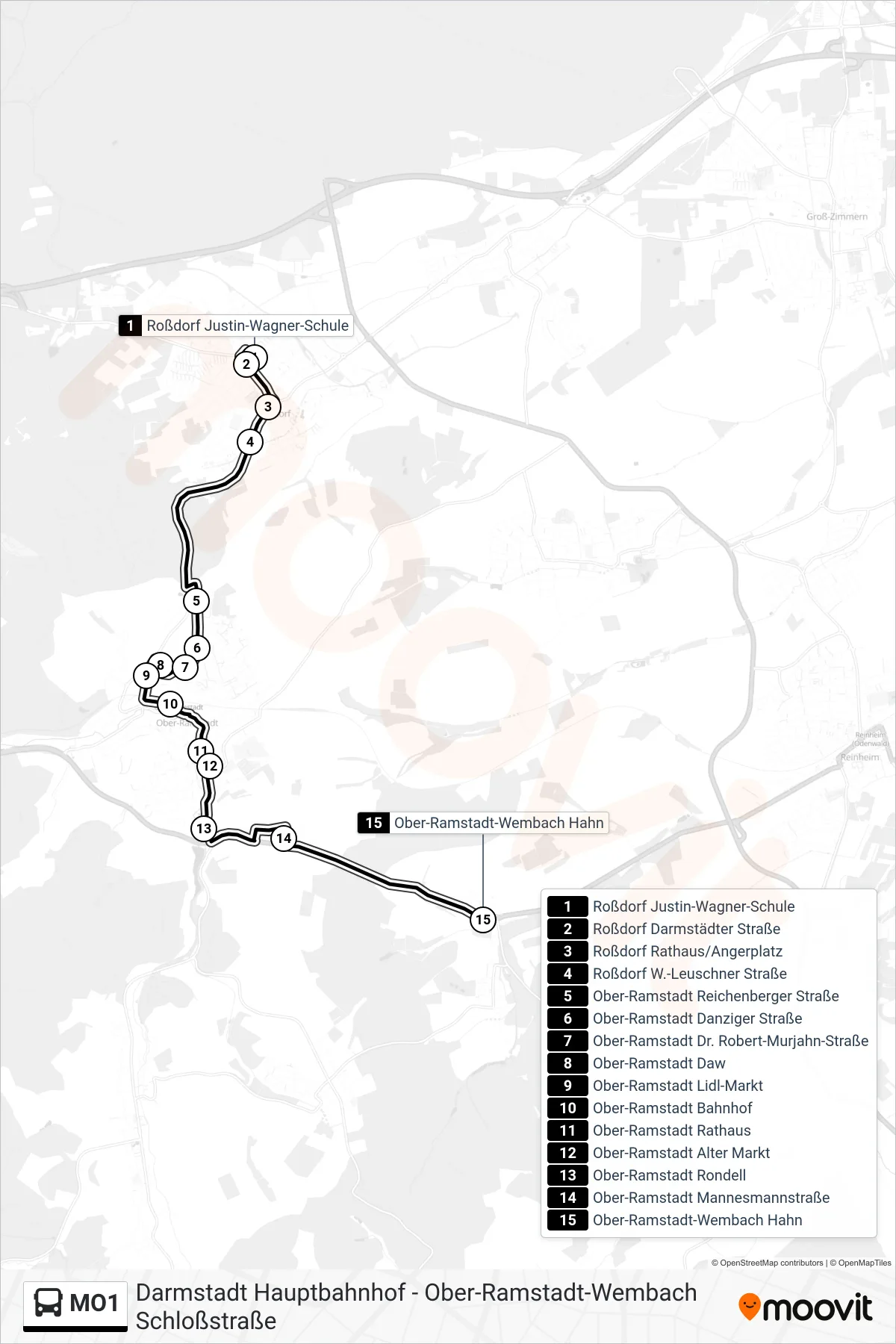 MO1 bus Line (Ober-Ramstadt-Wembach Hahn) route and stops on a map
