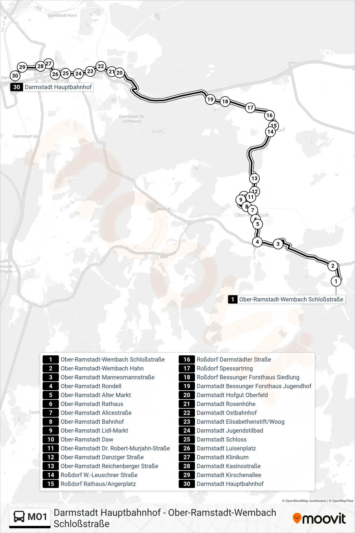 MO1 bus Line (Darmstadt Hauptbahnhof) route and stops on a map