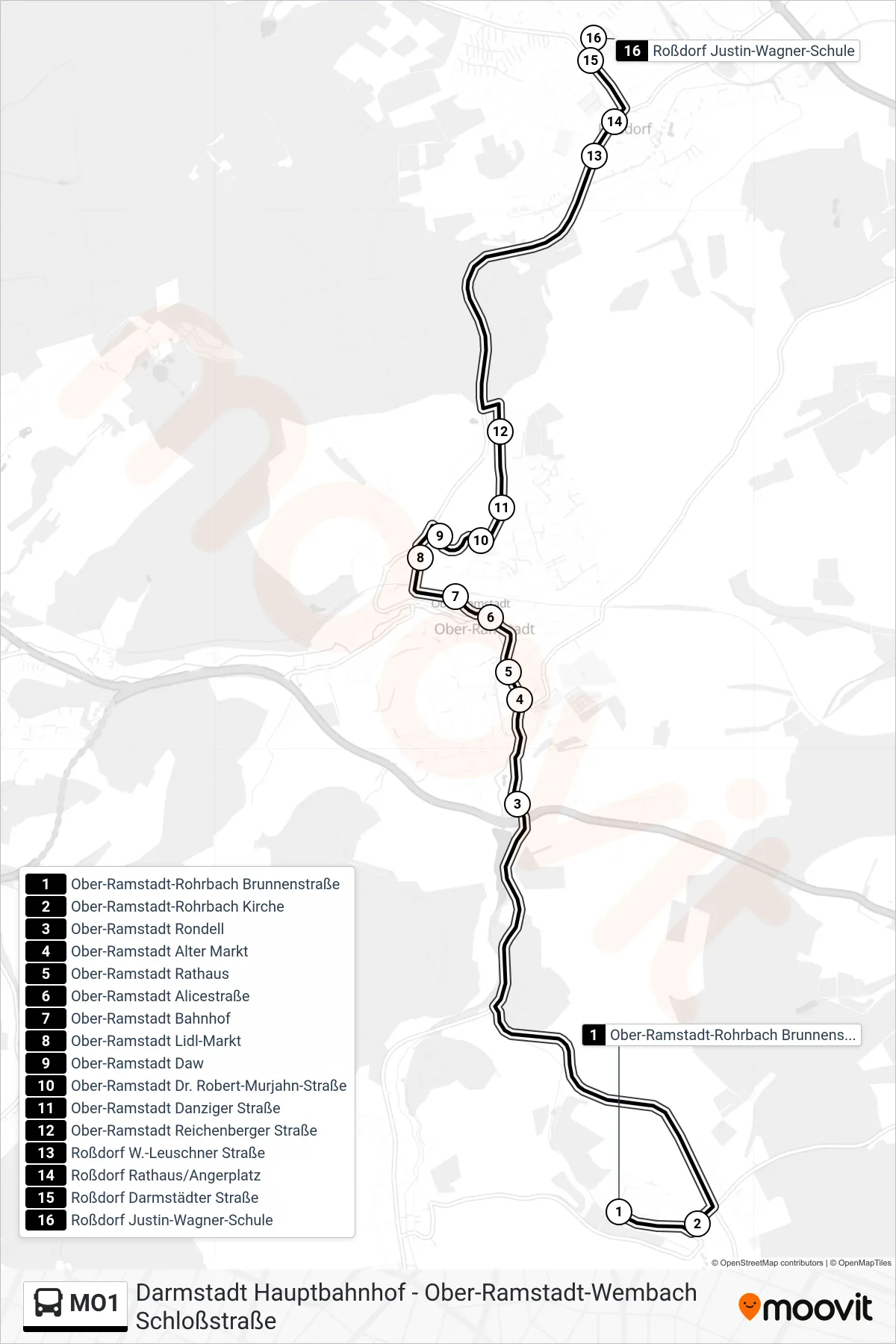 MO1 bus Line (Roßdorf Justin-Wagner-Schule) route and stops on a map