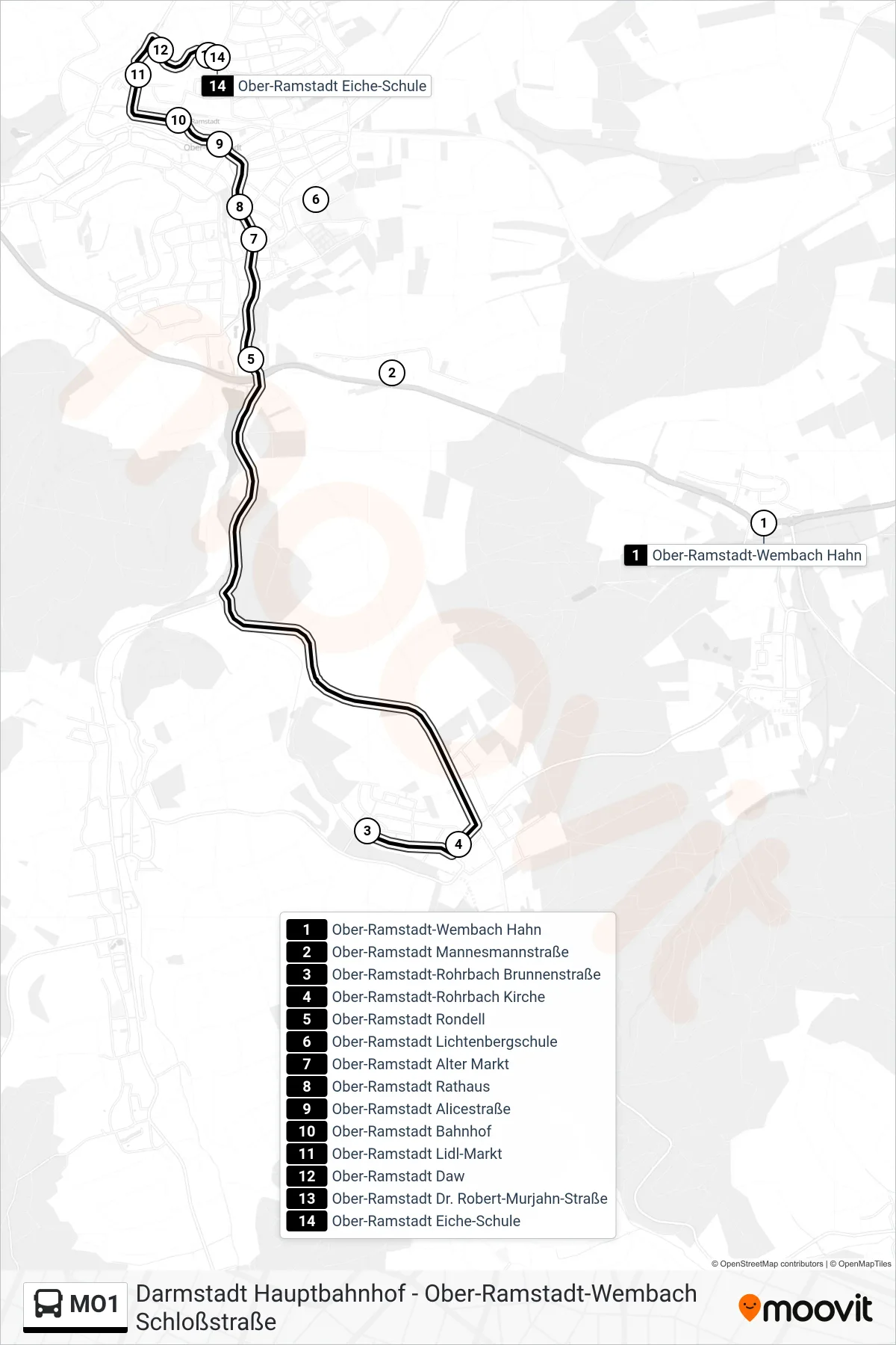 MO1 bus Line (Ober-Ramstadt Eiche-Schule) route and stops on a map