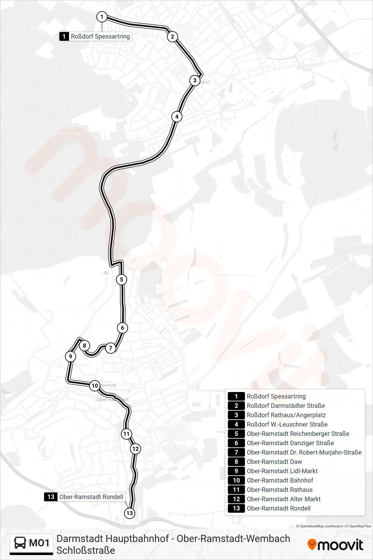 Linie MO1 (Bus) Richtung Ober-Ramstadt Rondell: Route und Haltestellen auf der Karte