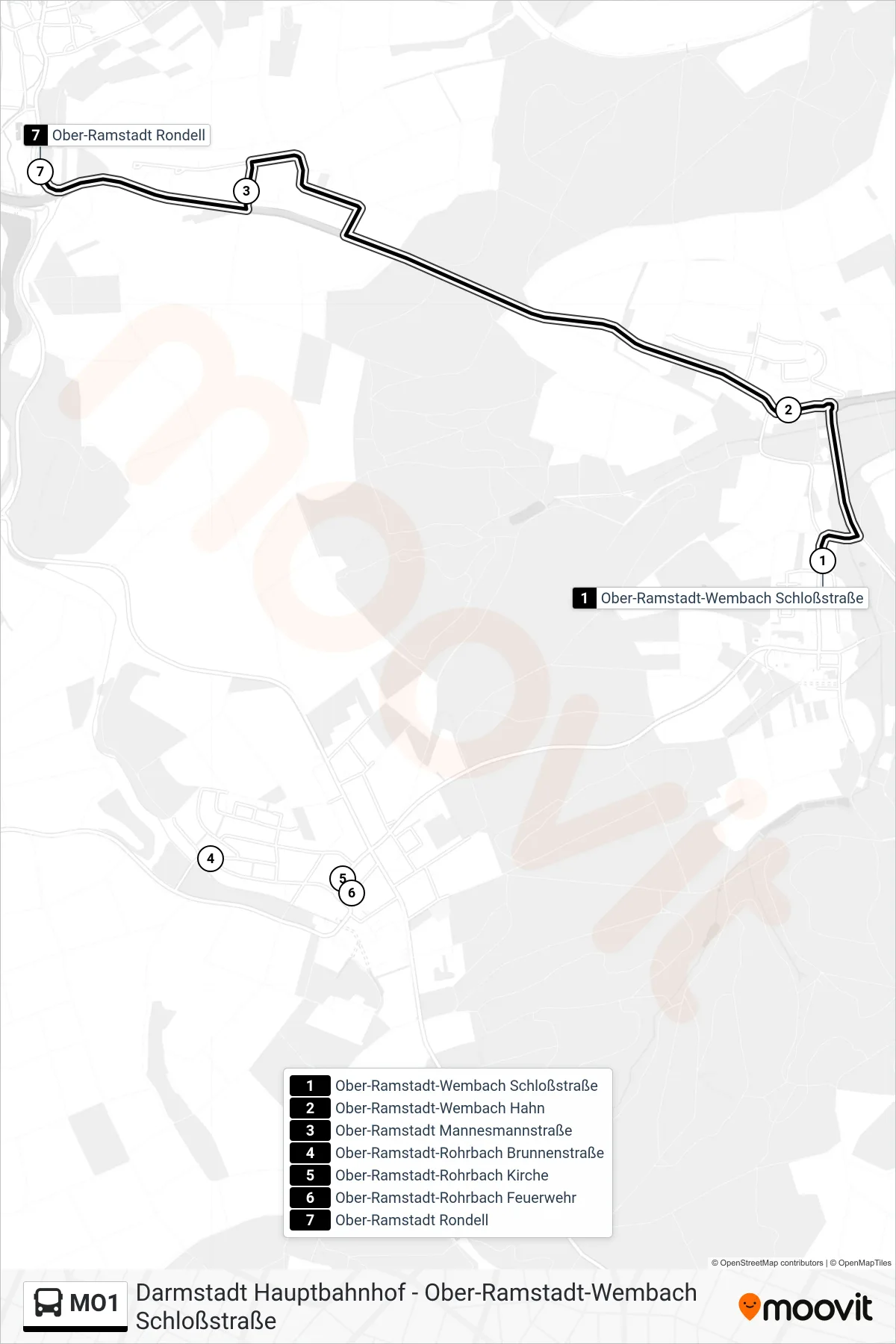 MO1 bus Line (Ober-Ramstadt Rondell) route and stops on a map