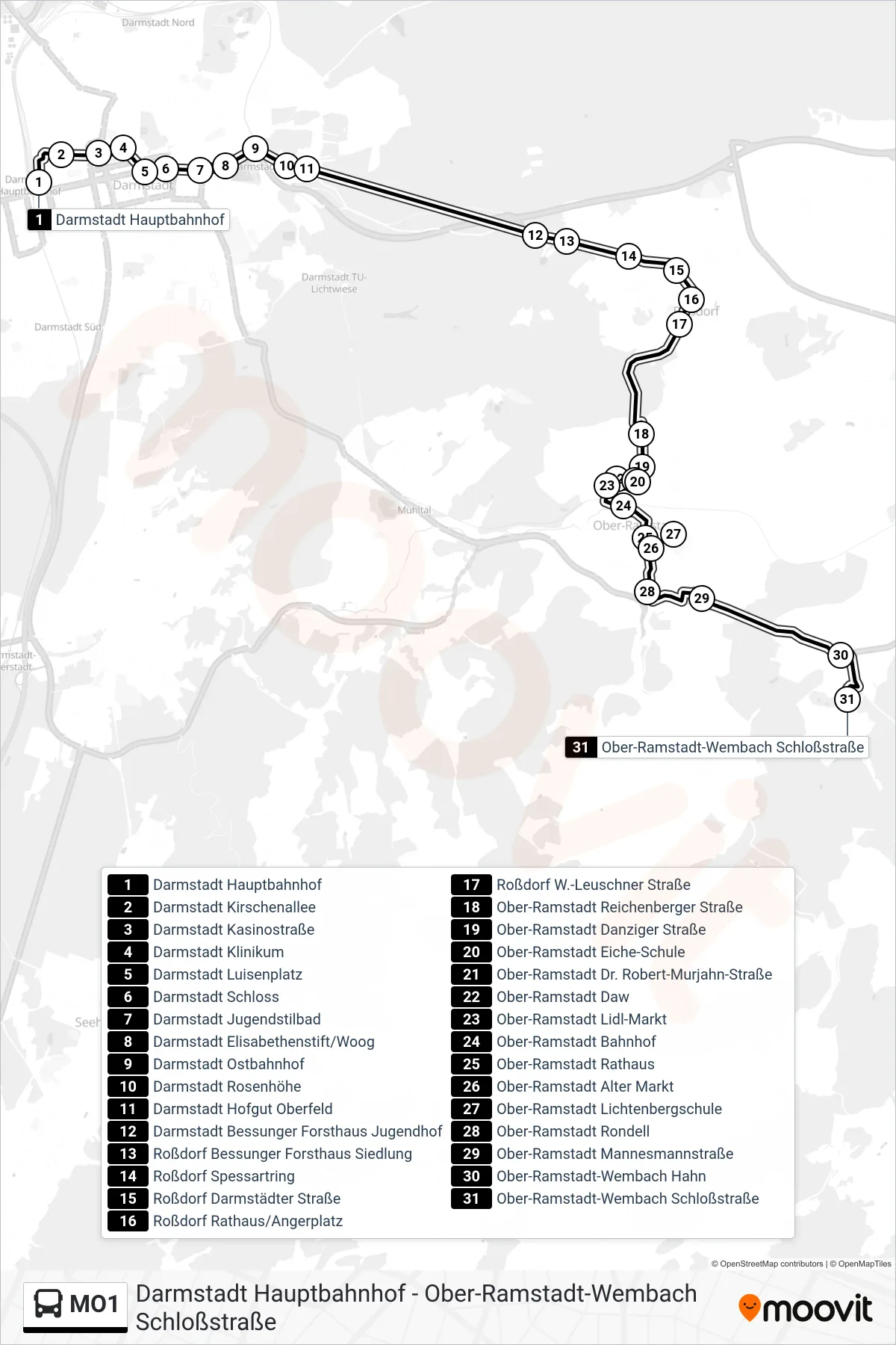 MO1 bus Line (Ober-Ramstadt-Wembach Schloßstraße) route and stops on a map