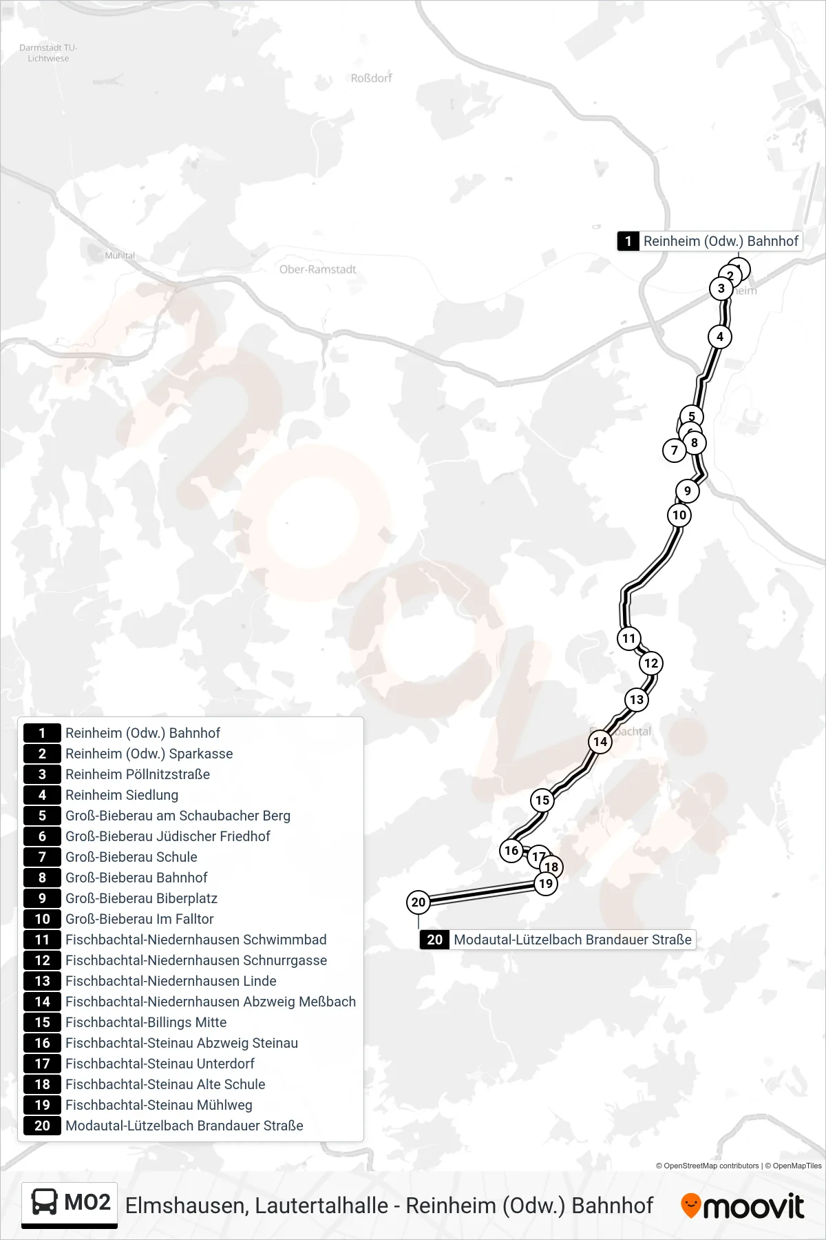 MO2 bus Line (Modautal-Lützelbach Brandauer Straße) route and stops on a map
