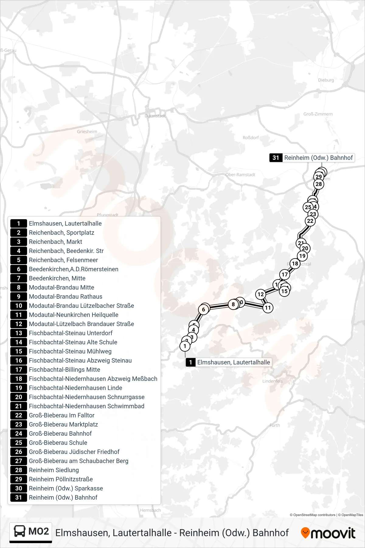 MO2 bus Line (Reinheim (Odw.) Bahnhof) route and stops on a map