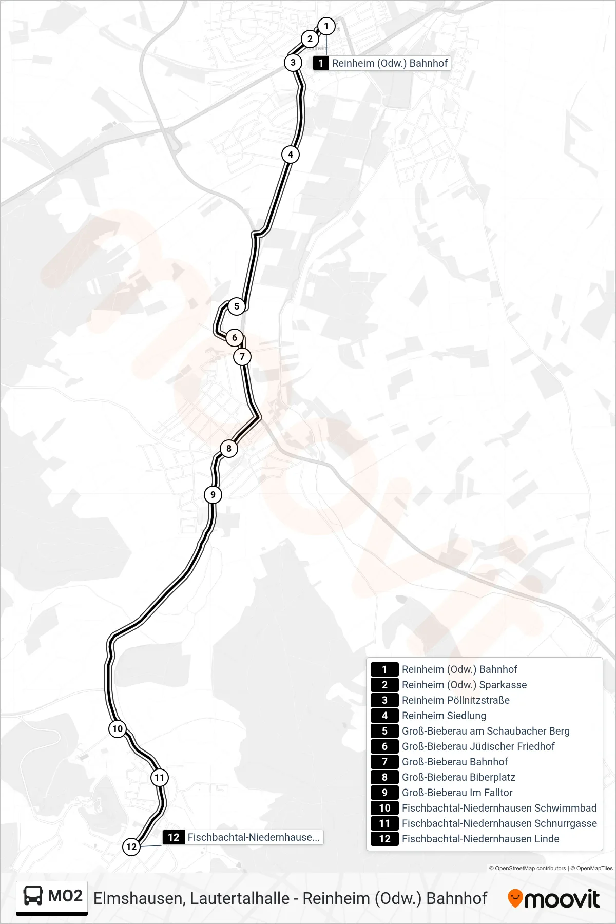 MO2 bus Line (Fischbachtal-Niedernhausen Linde) route and stops on a map